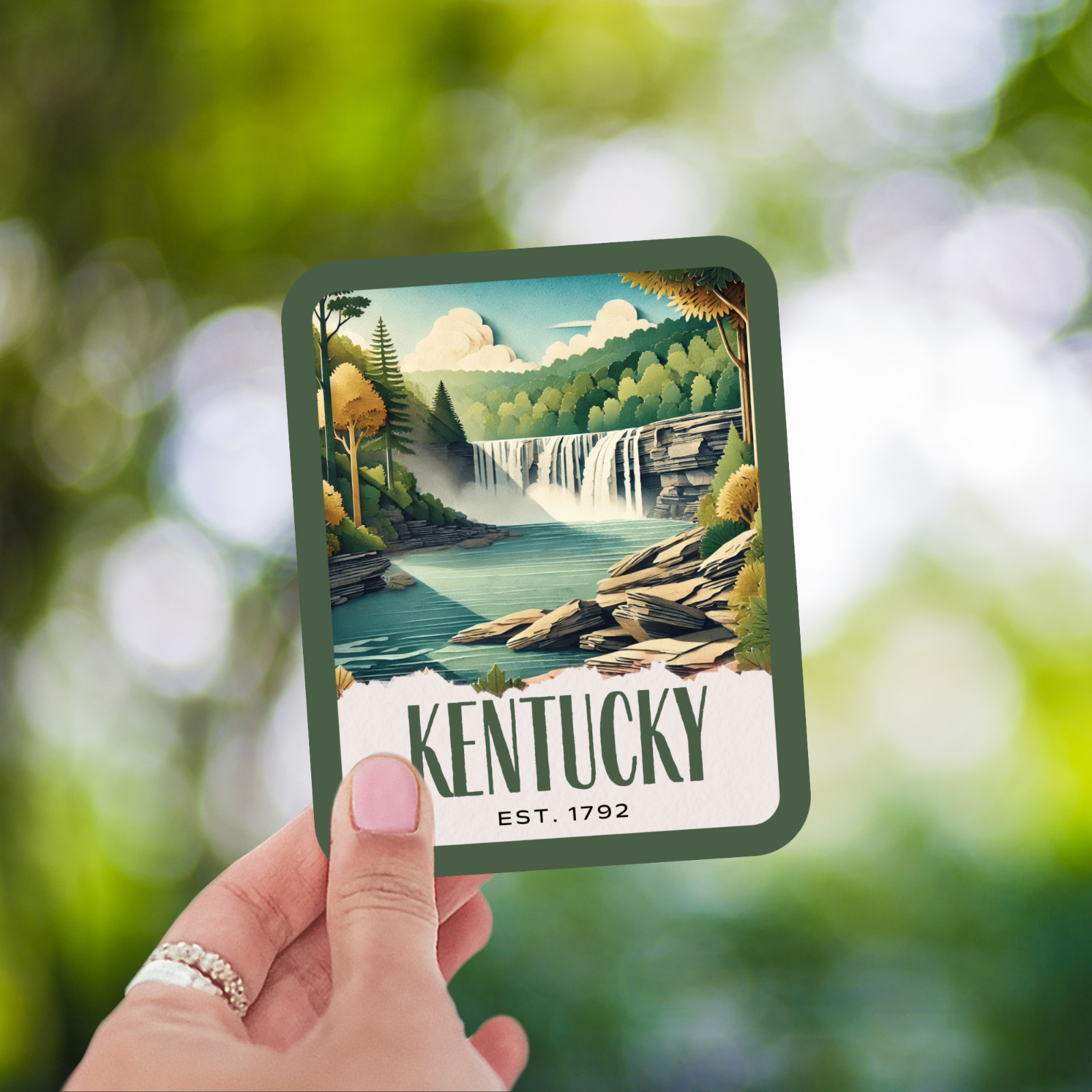Kentucky State Sticker, Paper Collage Look, Scenic Cumberland Falls Decal