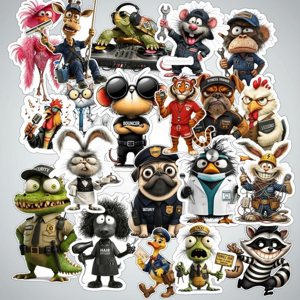 Cartoon Animal Worker Stickers – Funny Job Theme Vinyl Decal Set