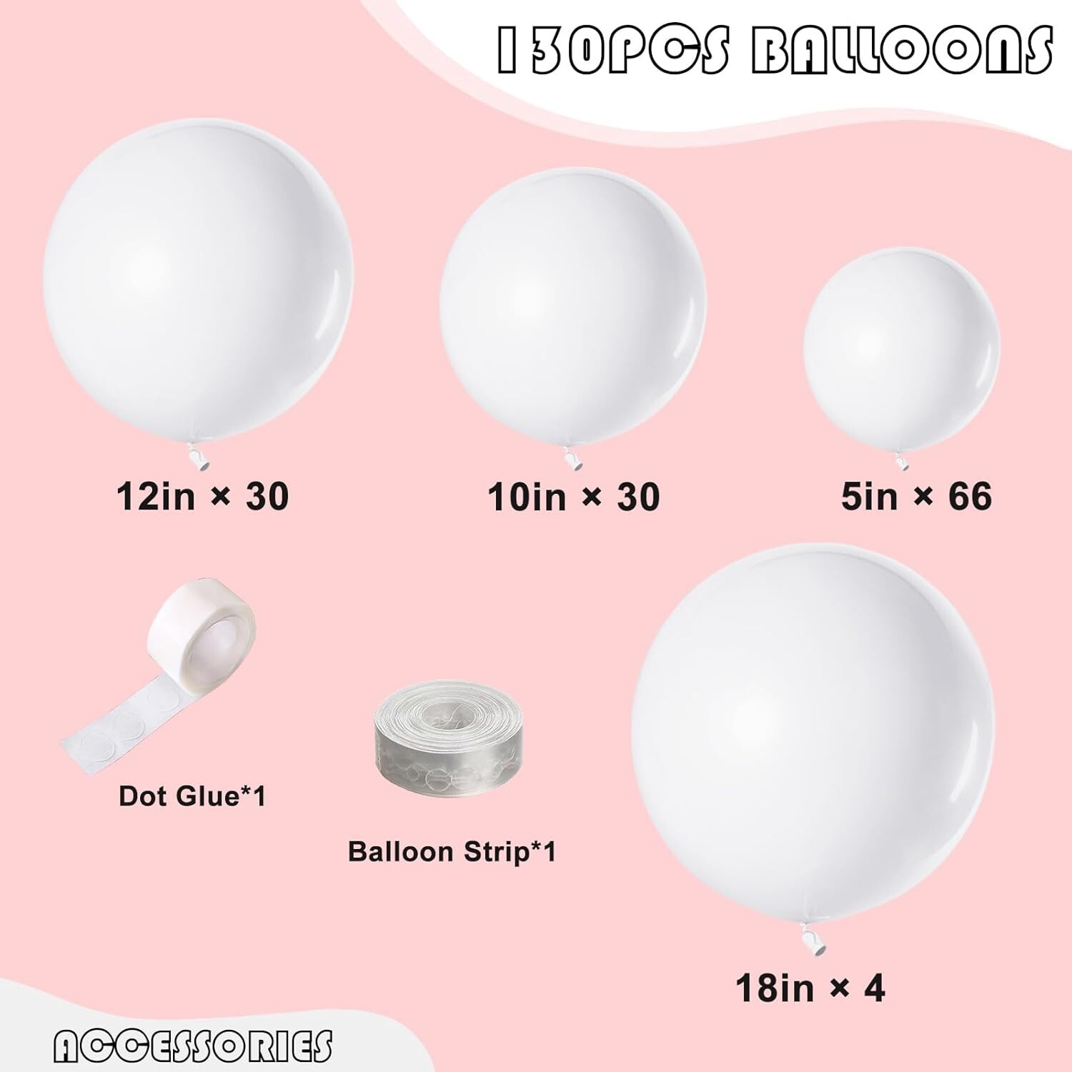130PCS White Balloons Different Sizes 18" 12" 10" 5" Balloon Garland Arch Kit Pe