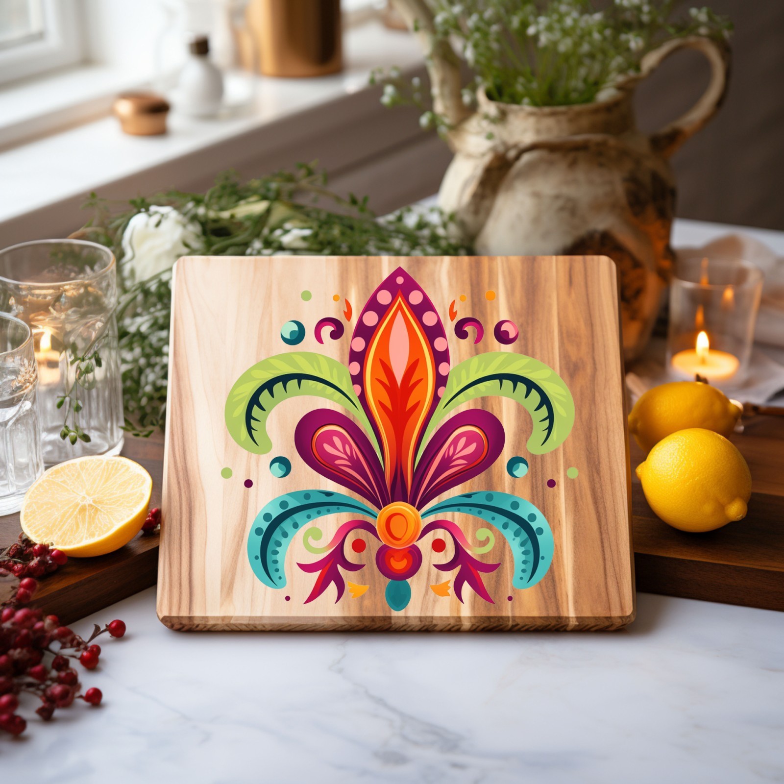 Colorful Folk Art Fleur de Lis UV DTF Transparent Sticker / Decal