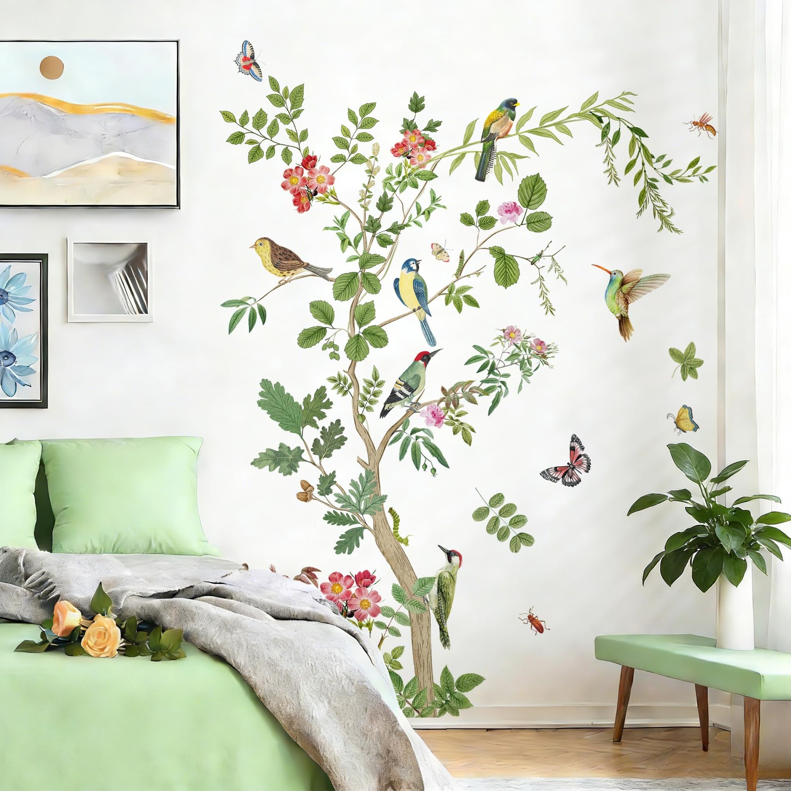 Large Green Tree Wall Decals Floral Tree Branch with Birds Peel and Stick Rem…