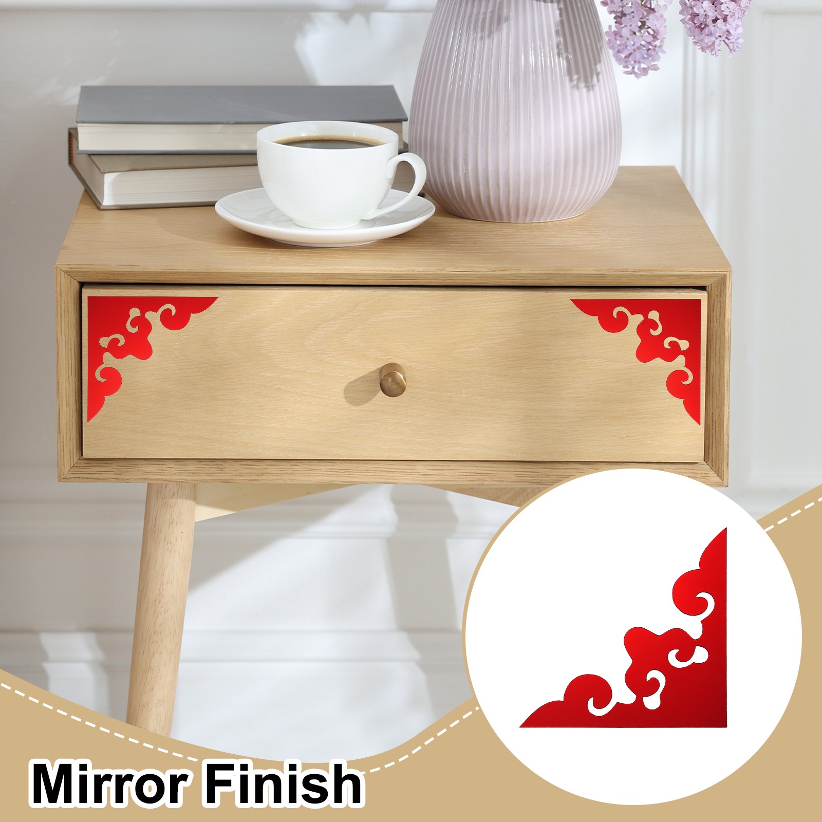 8Pcs Corner Decorative Pattern Hollow Mirror Wall Stickers(Wine Red, 4×4")