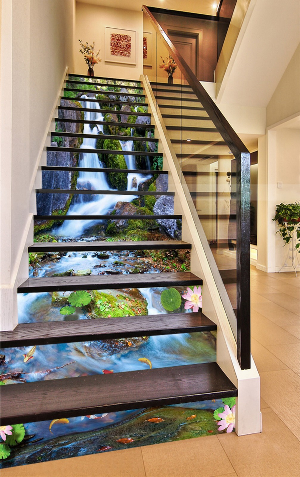 3D Waterfall Lotus AZ838 Stair Risers Decoration Mural Vinyl Wallpaper Kay