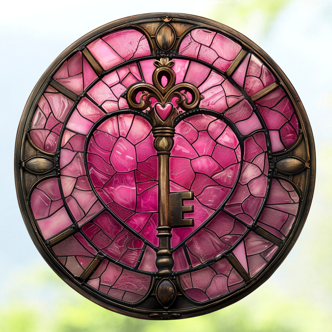 Key to Heart Faux Stained-Glass WINDOW CLING Suncatcher Size 8" Round