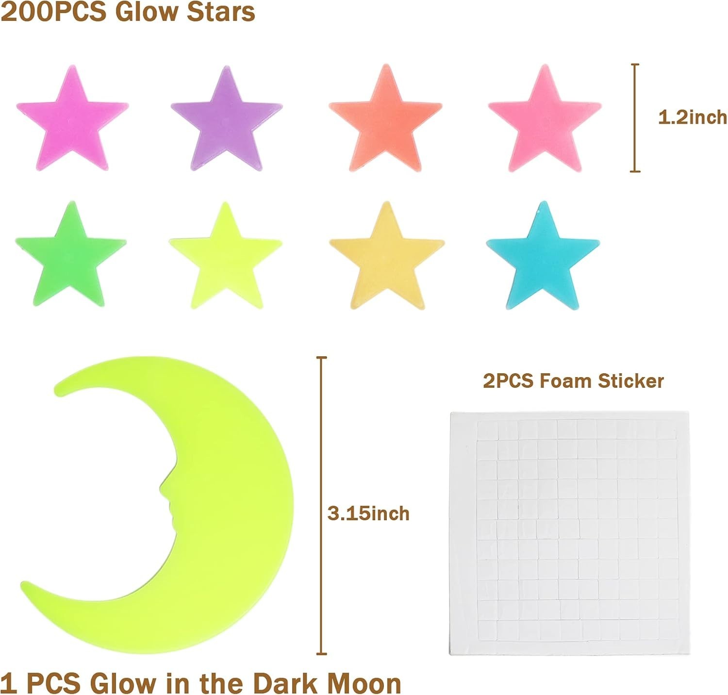 Multicolor Glow-in-the-Dark Sticker Set – 200pcs Stars and Moon for Ceiling
