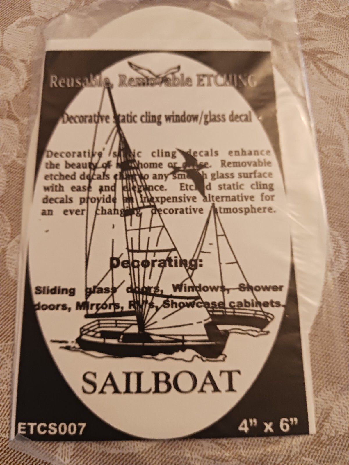 Sailboat Window Decal 4"x6" OVAL Etched Glass Look Cling Removable & Reusable 7