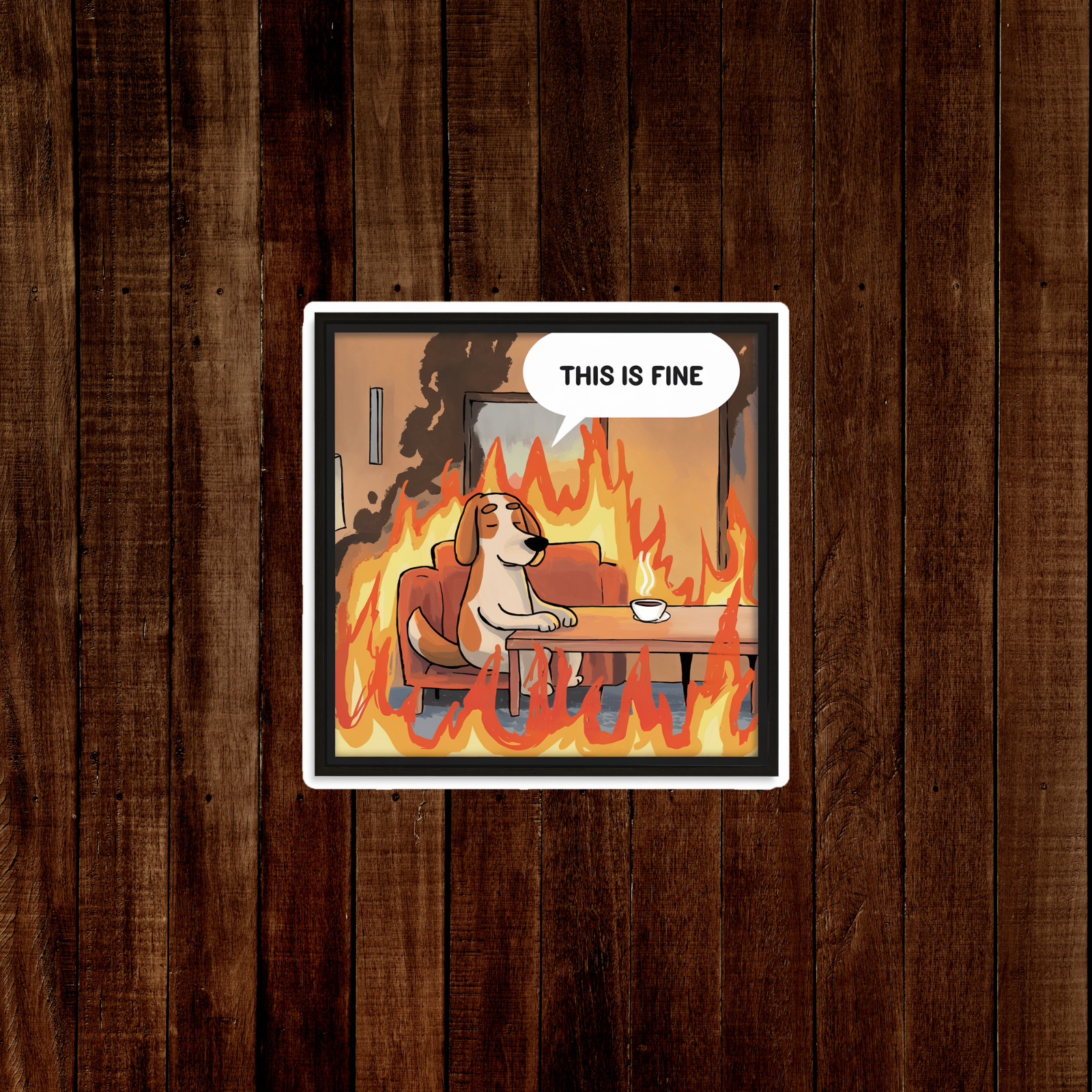 Funny This Is Fine Dog Meme Artwork – Humorous Cartoon Fire Chaos sticker Print