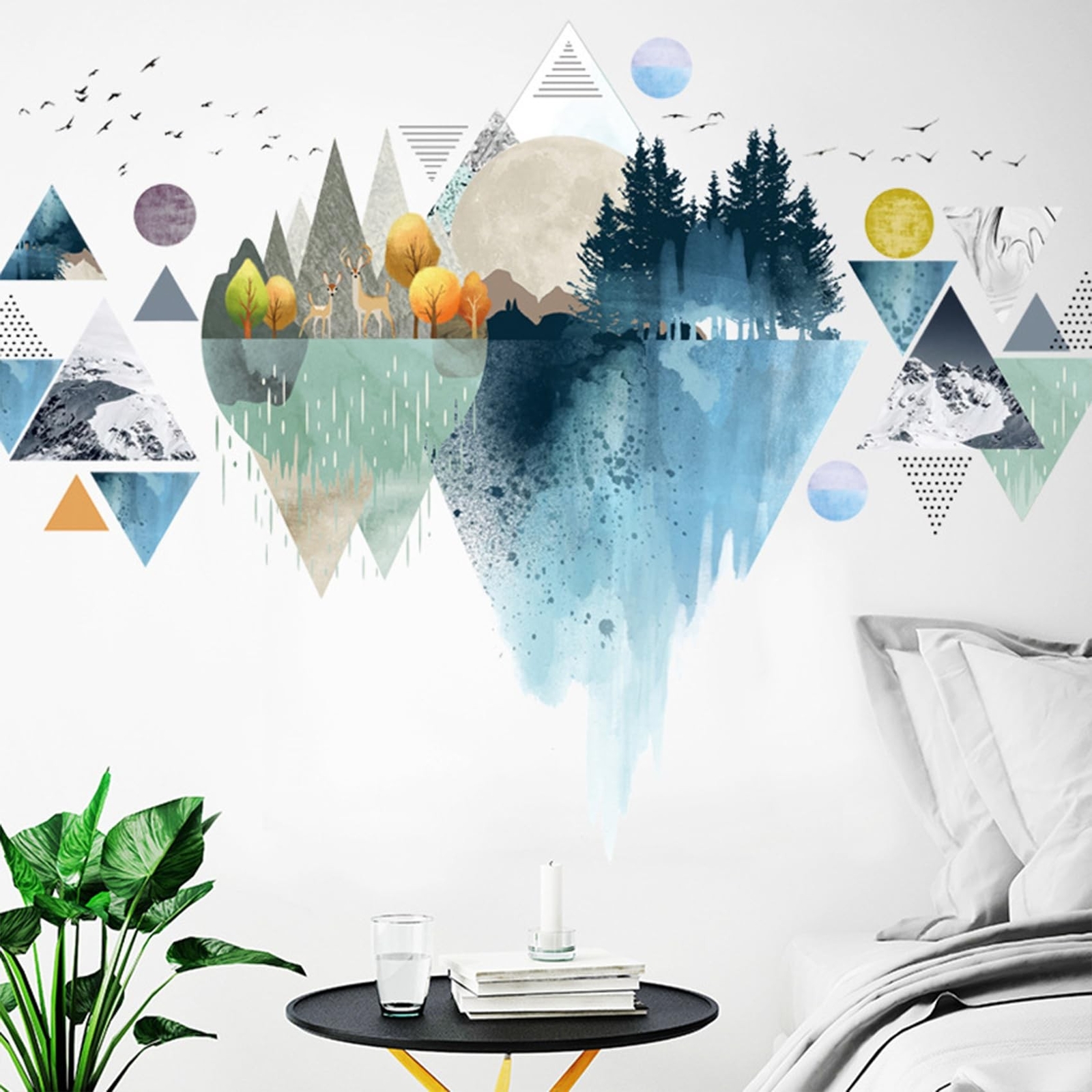 Nordic Geometric Wall Stickers, Removable DIY Mountain Reflection Wall Decal …