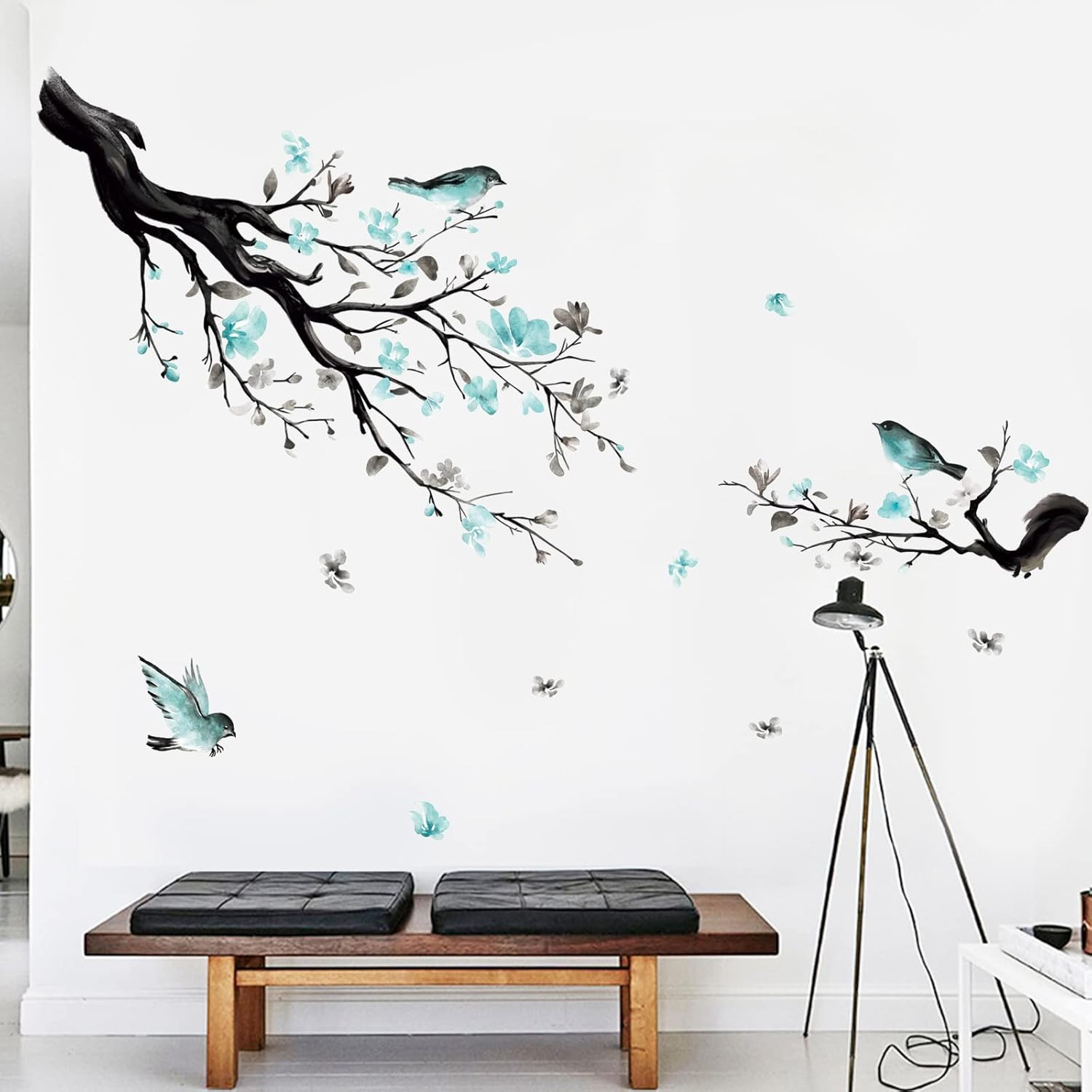 Watercolor Blue Flower Wall Decals Blossom Bird Tree Branch Wall Stickers Living