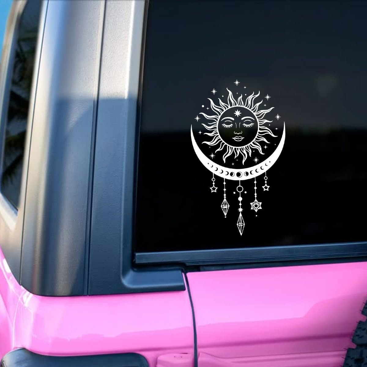 Sun and Moon Celestial Sticker, Boho Spiritual Line Art Decal with Stars and Cry