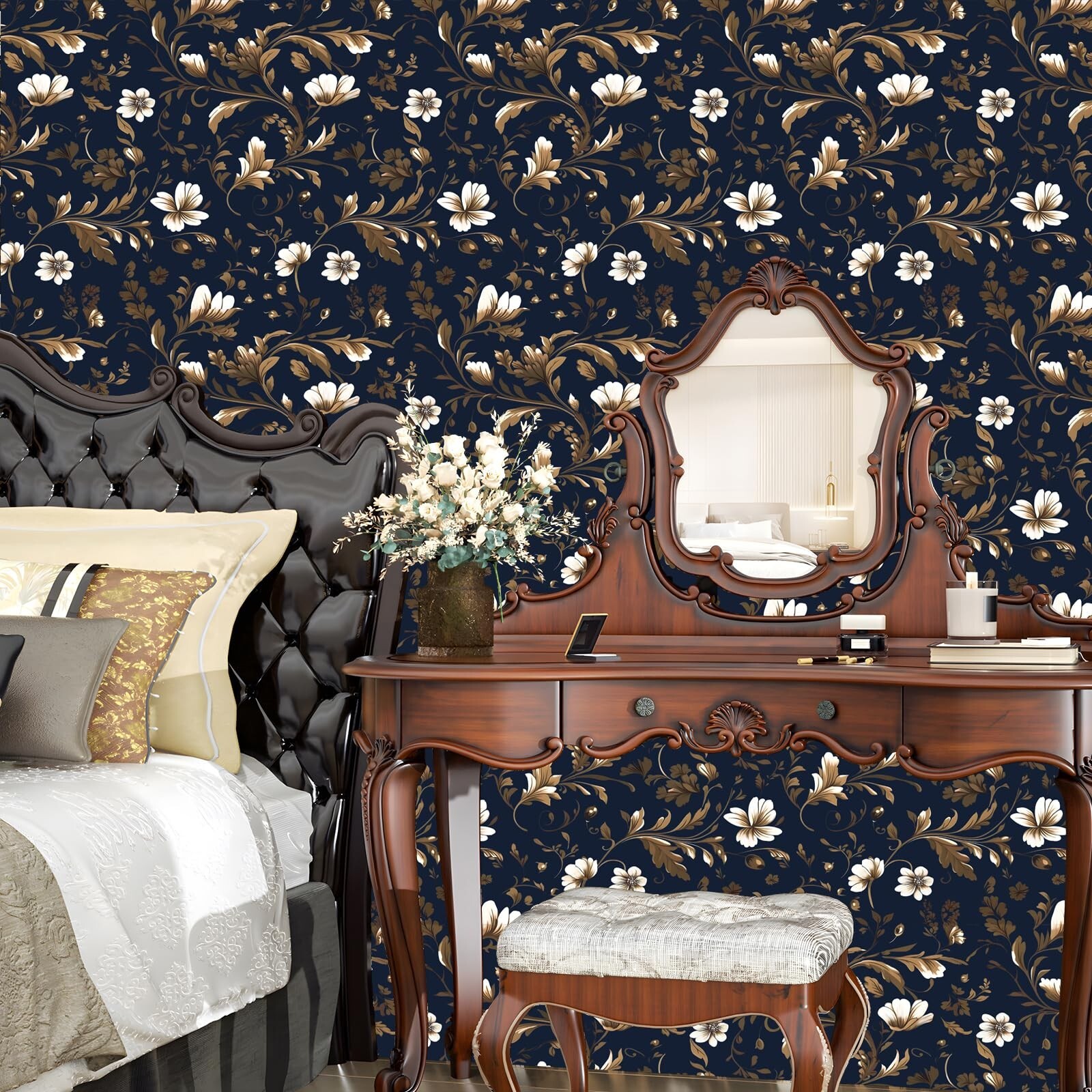 Gold Leaf Wallpaper Peel and Stick Vintage Leaf Contact Paper Dark Blue Flora…