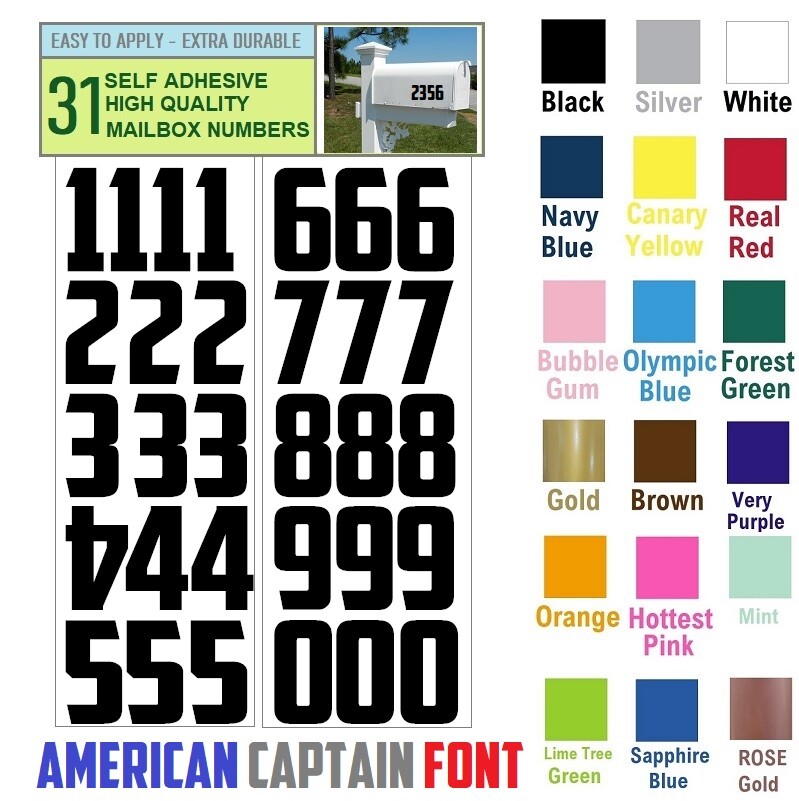 SET OF 31, 1" HIGH SELF ADHESIVE VINYL MAILBOX NUMBERS, DOOR,LOCKERS – AMERICAN