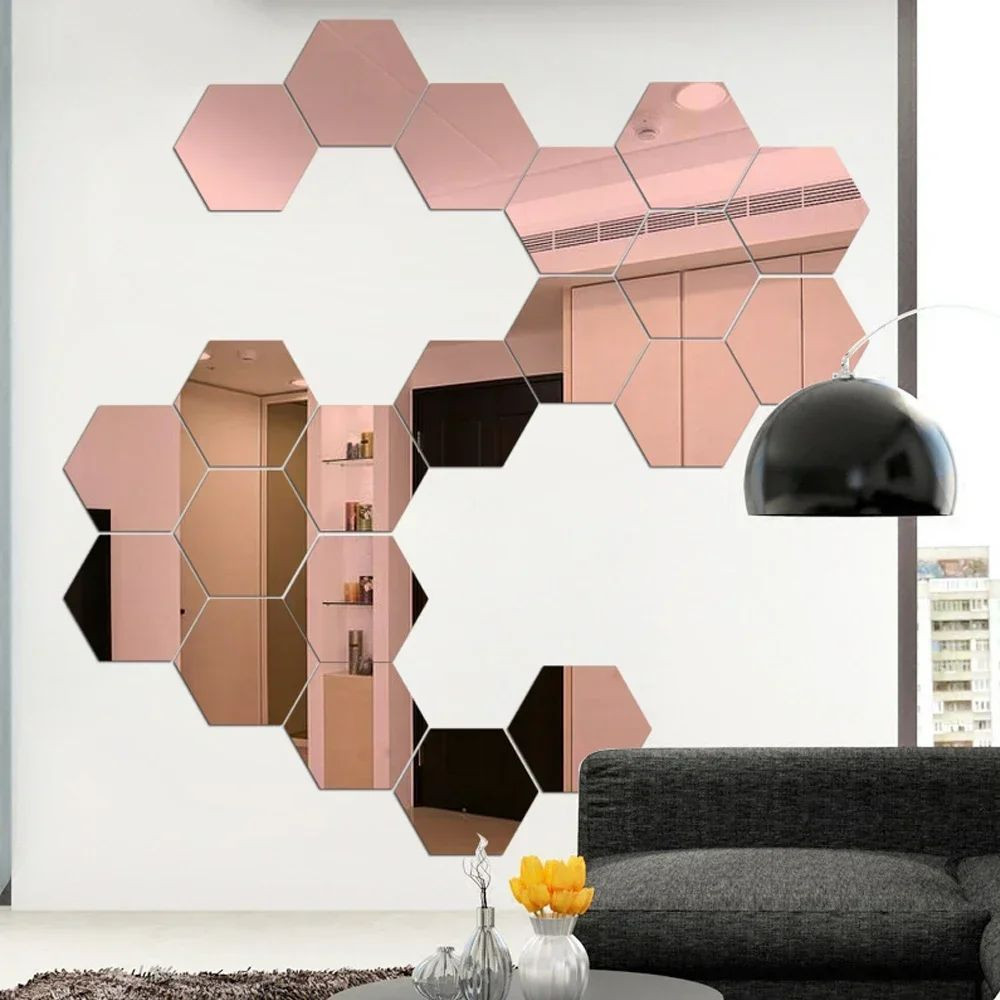 12pcs Hexagon Acrylic 3D Mirror Wall Sticker Home Decor Self-adhesive Mirror