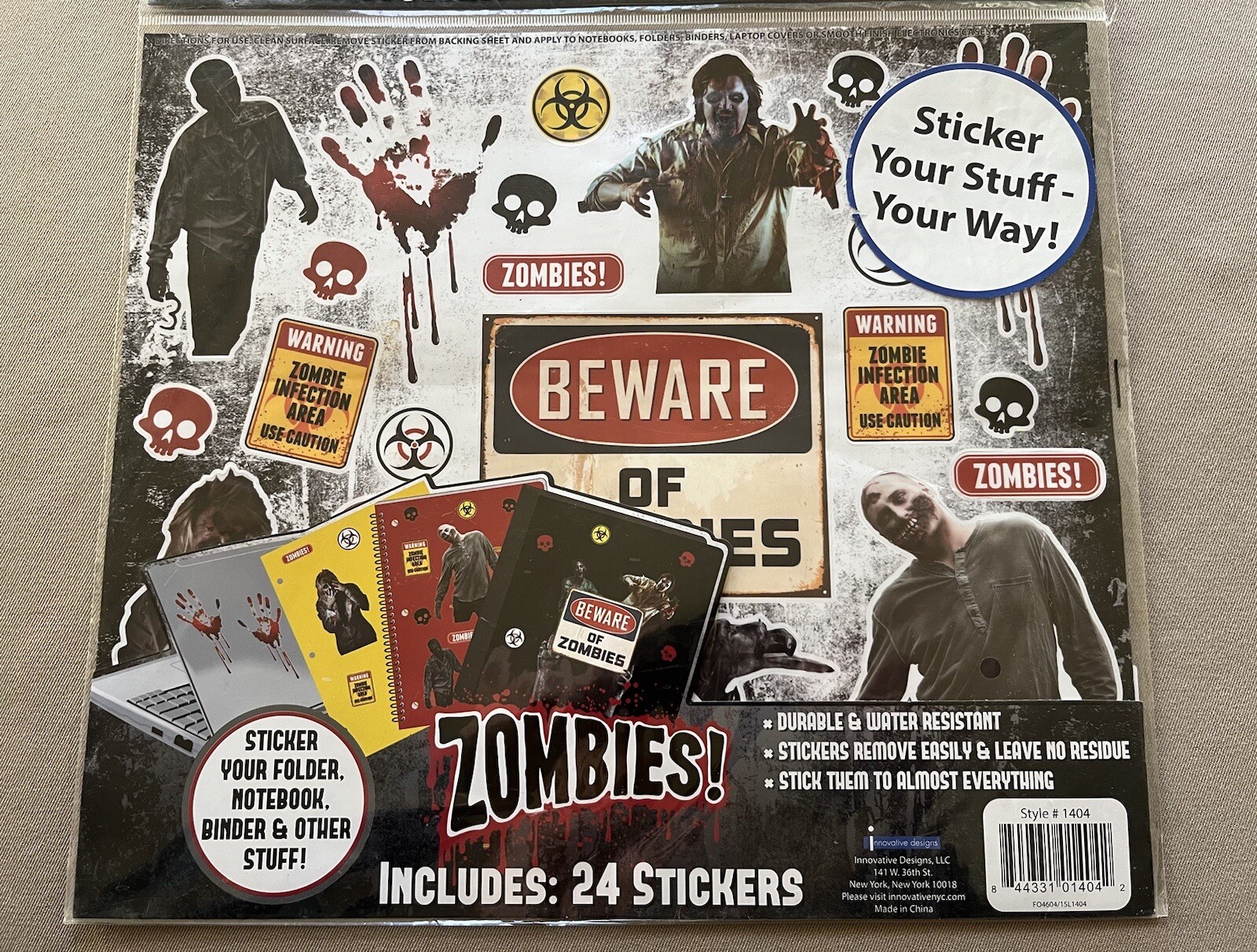 1 Giant Sheet Zombies Stickers~Sheet Is 10 1/2” X 11 3/4” & Has 24 Stickers, New