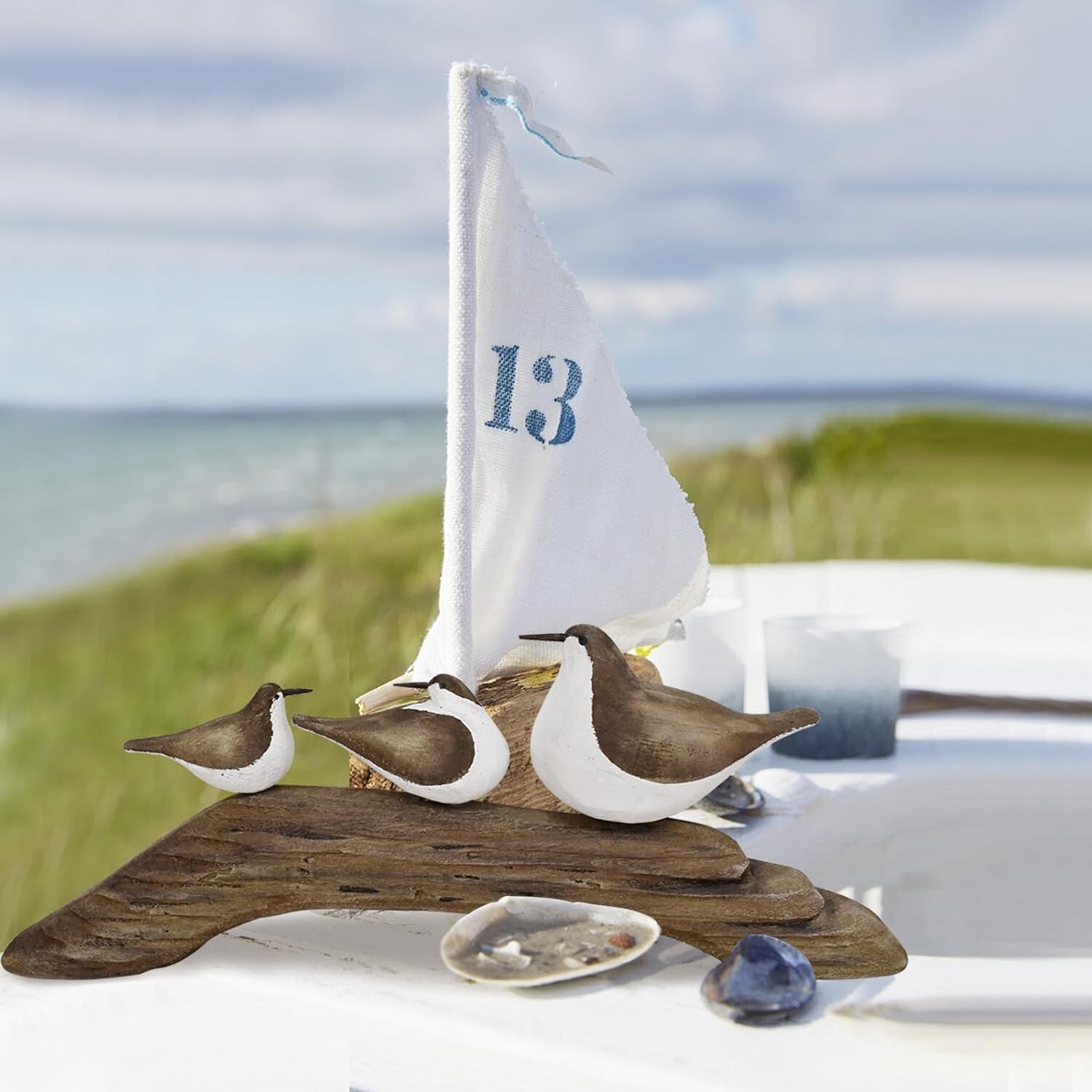 Wooden Sea Bird Statue Seagull On Stand Decor Nautical Coastal Birds Sculpture