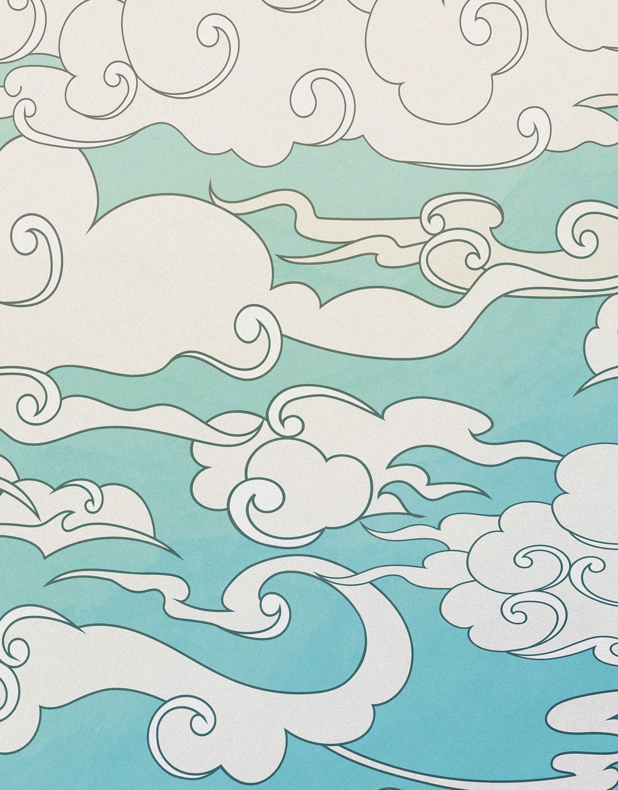 Japanese Traditional Curly Cloud in Sky Abstract Illustration Asian Decor Wall M
