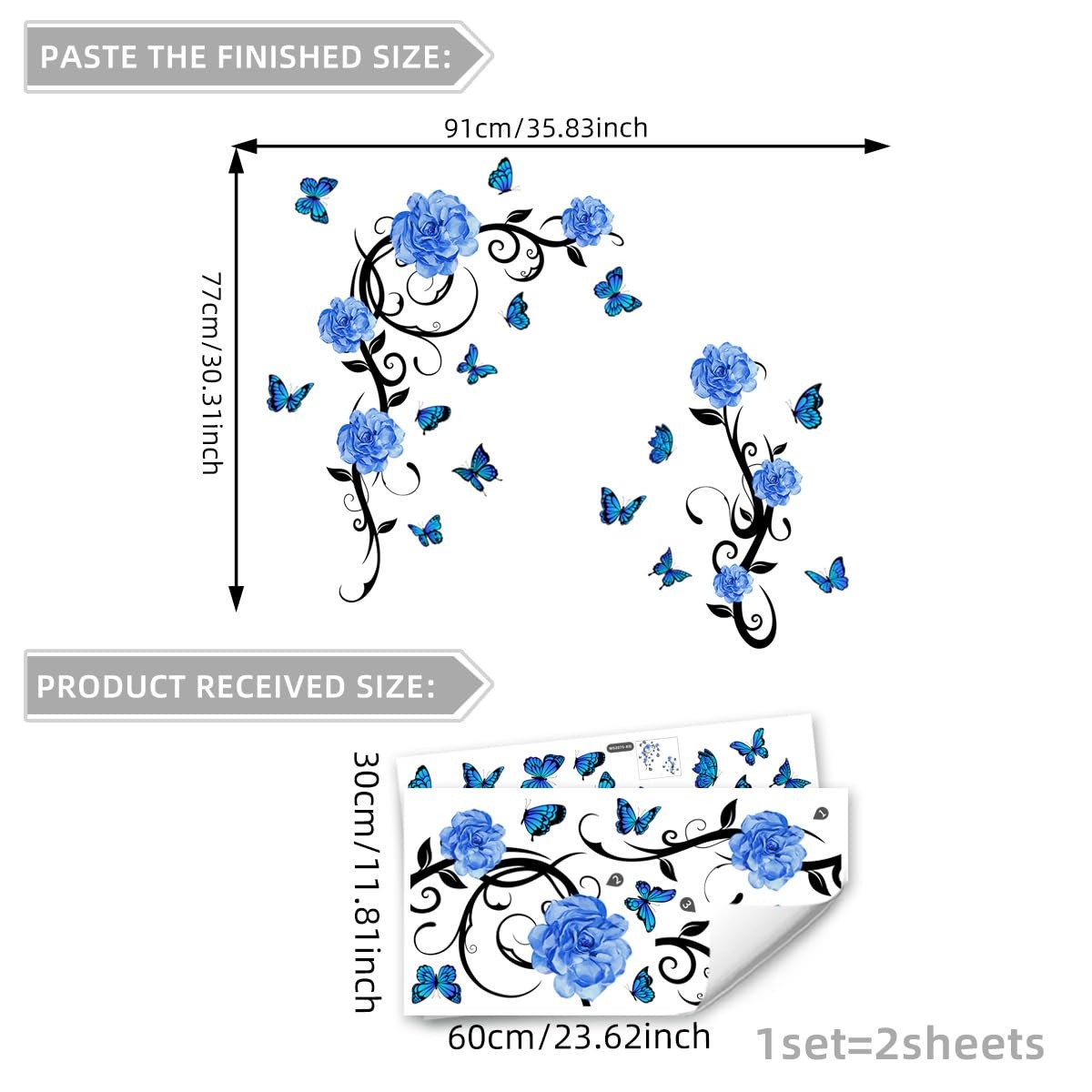 Blue Flower Vine Butterfly Wall Decals Removable Vinyl Peel and Stick Wall St…