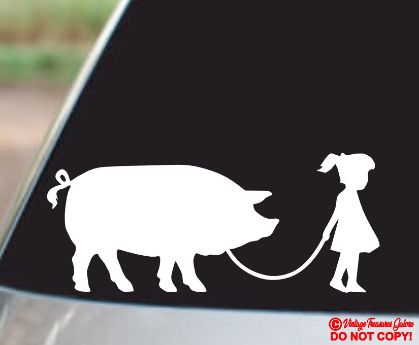 GIRL WALKING A PIG Vinyl Decal Sticker Car Window Bumper Funny Pet Farm Animal