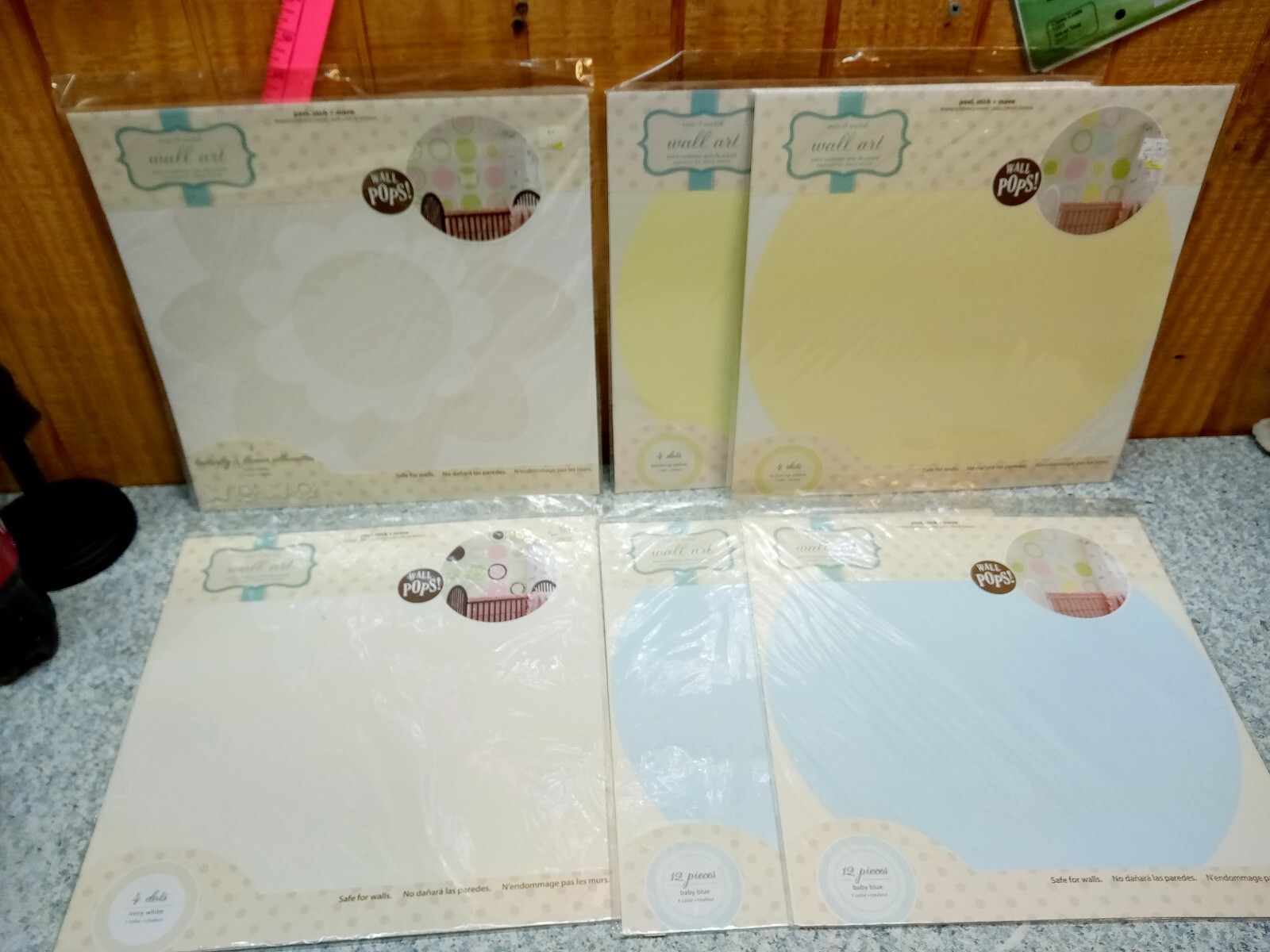 6 ~ Wall Pops! Lot of Circles & Flowers ~ Blue, Yellow, Ivory ~ Peel Stick 13"