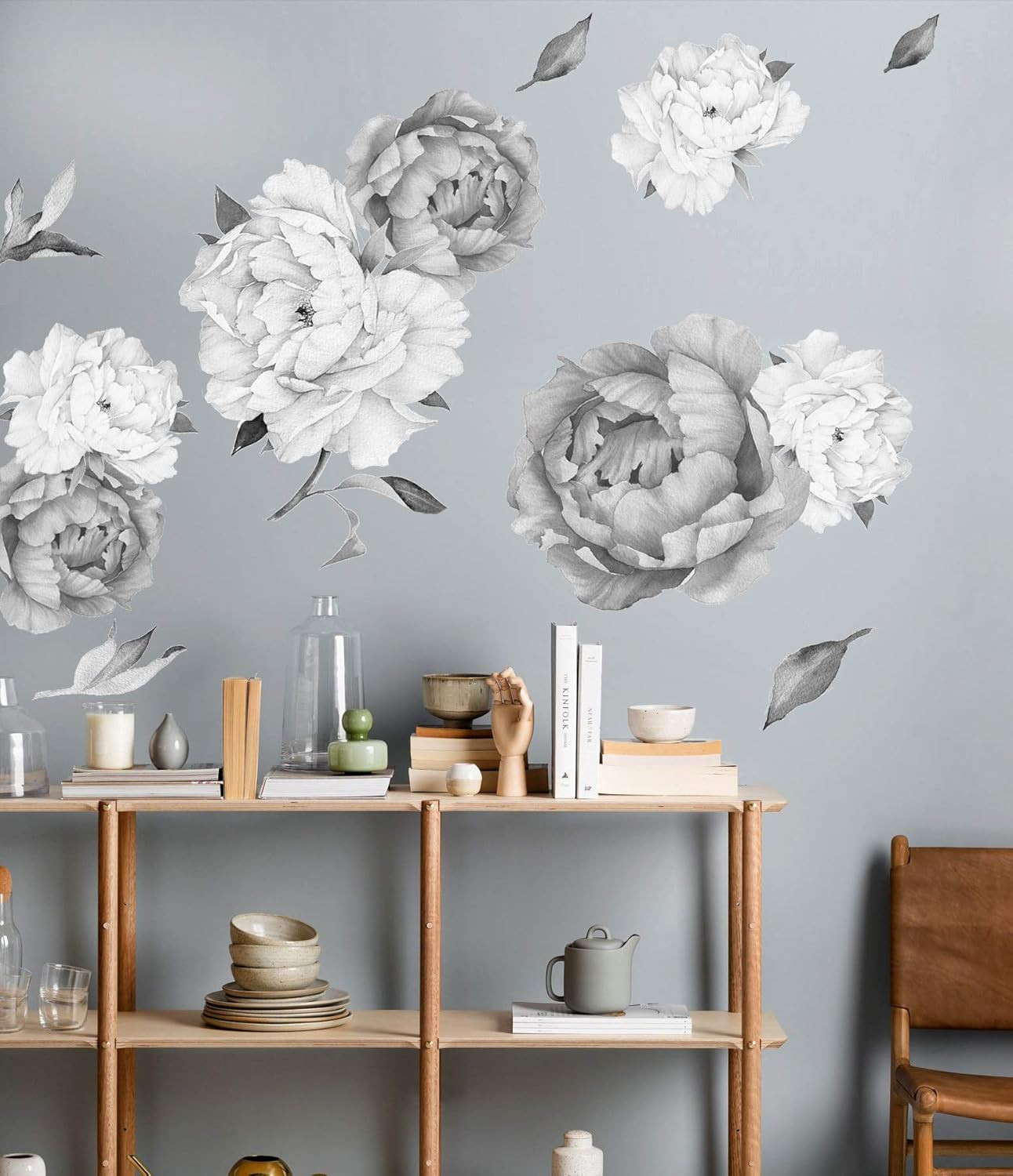 Peony Watercolor Wall Decals (Black and White Watercolor) – Flowers Decals for W
