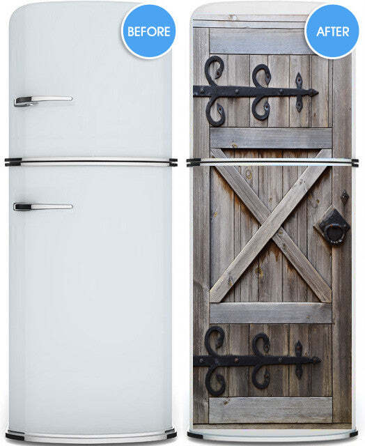 Barn Door Fridge Wrap, Laminated Refrigerator Sticker Cover. Countryside style