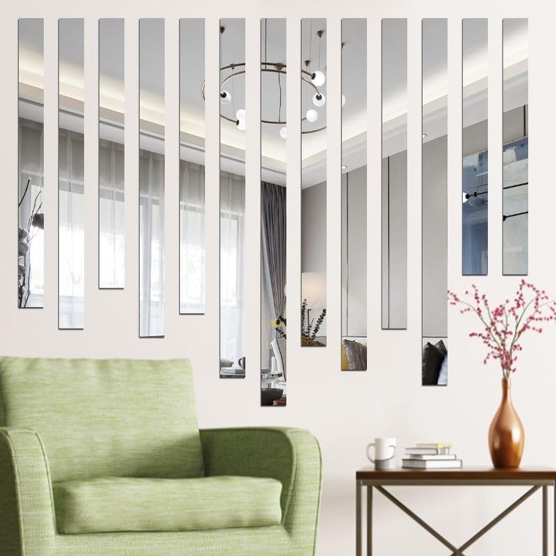 10 Pcs Mirror Wall Stickers Art Tile 5 inches x 20 inches, Silver