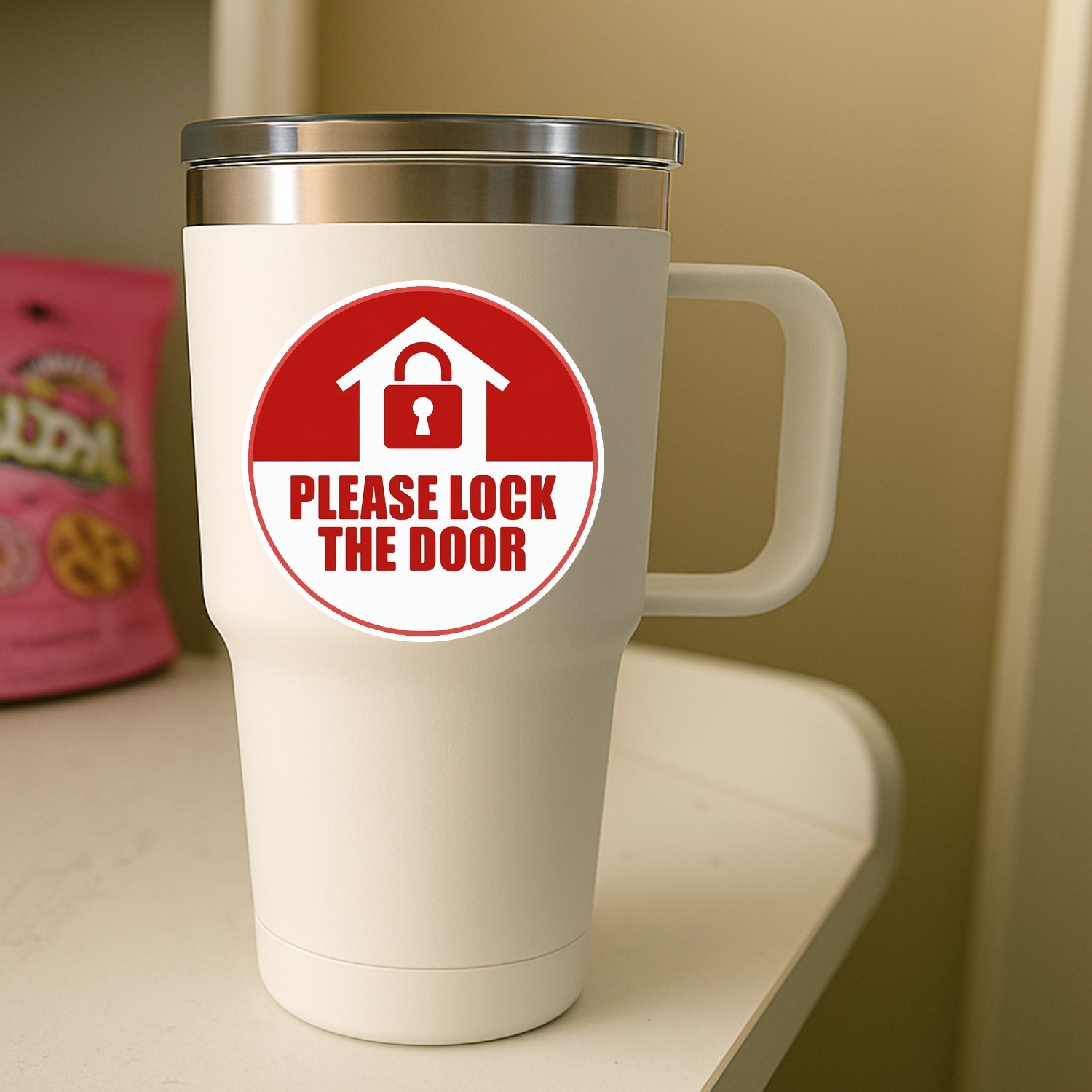 Please Lock the Door Stickers: Waterproof Vinyl Warning Labels, 4-Pack