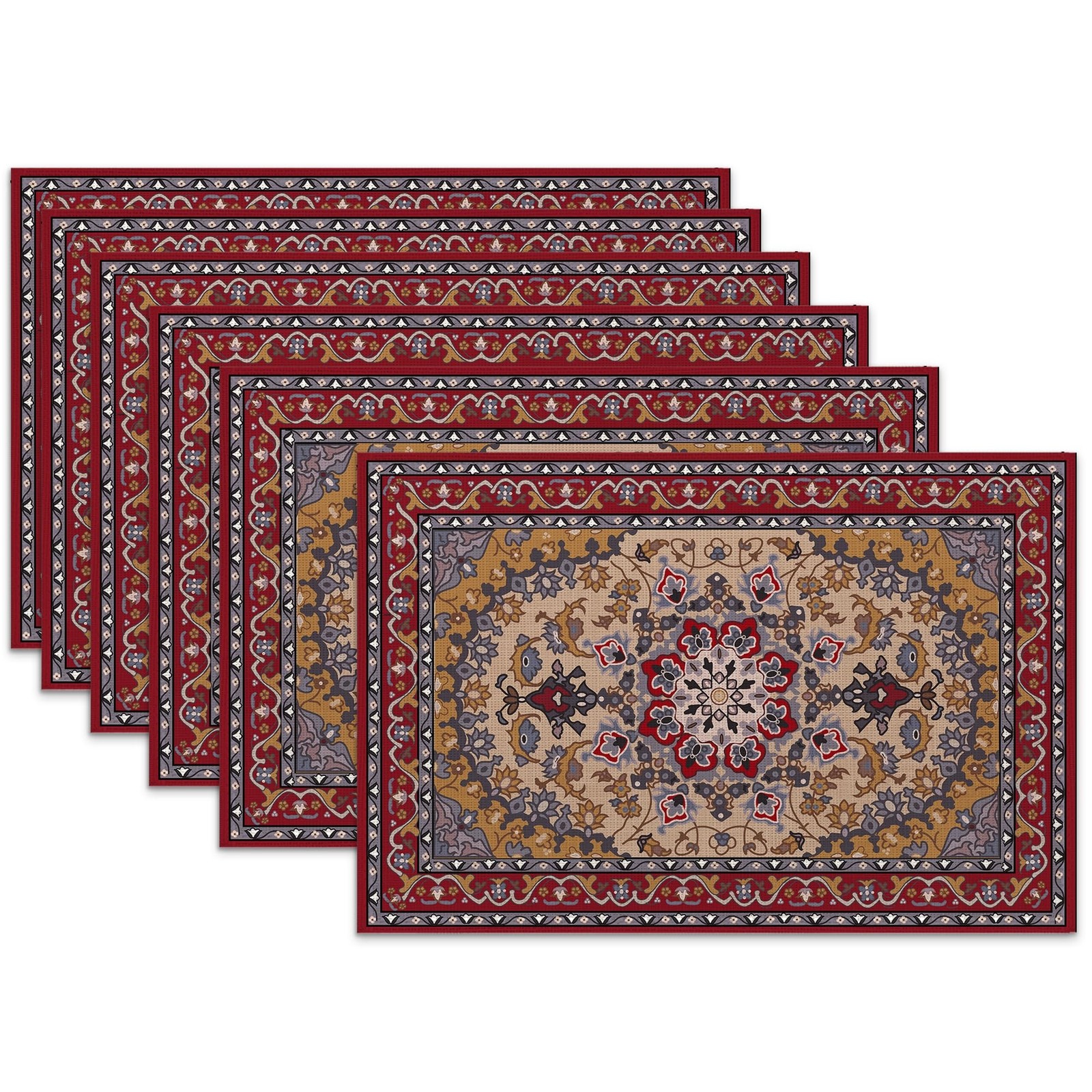 Ethnic Boho Linen Placemats Set of 6,12×18 Inch Vintage Bohemian Washable Tab…