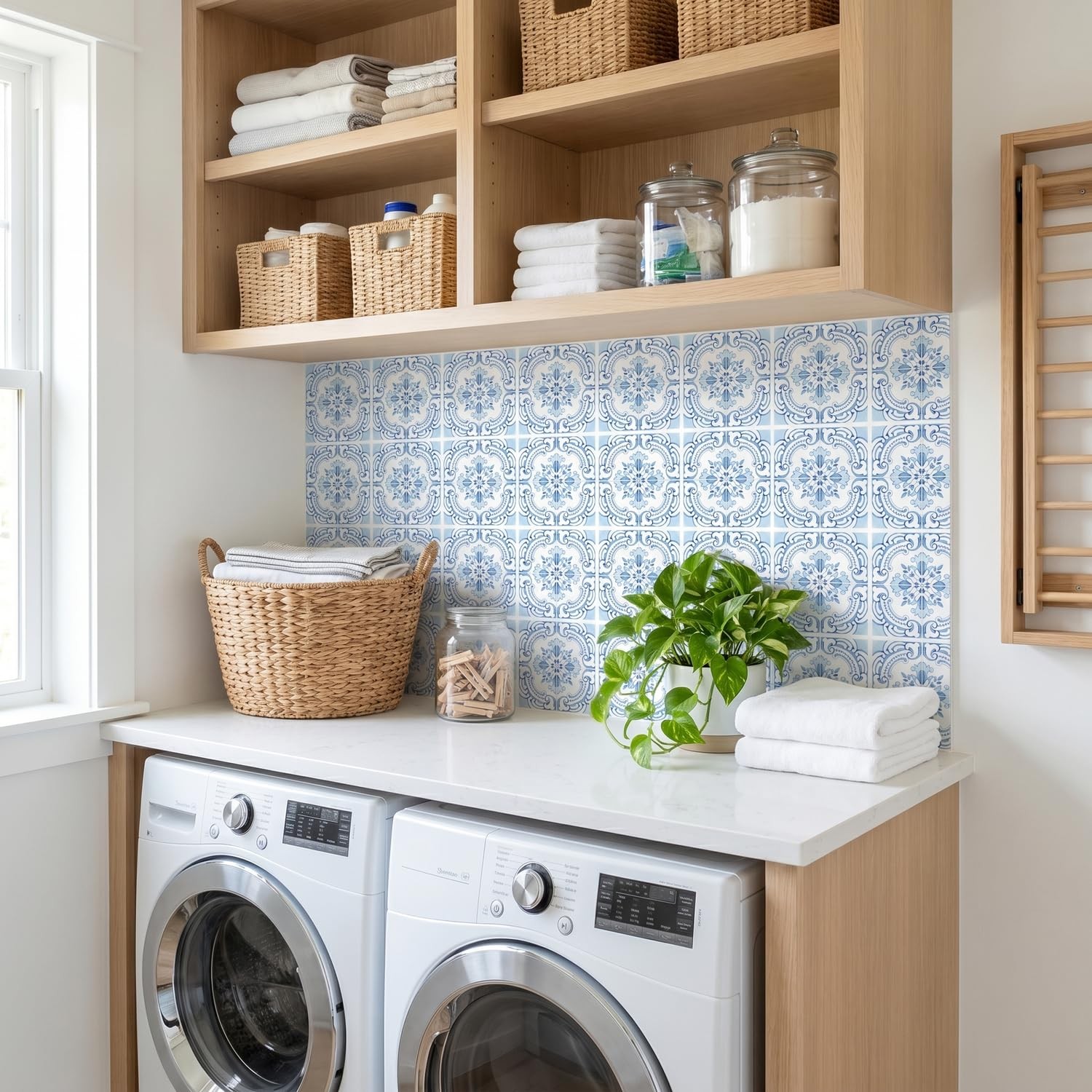 16 Pack, 5.9 Inch Vintage Tile Stickers, Ornate Blue and White Peel and Stick…