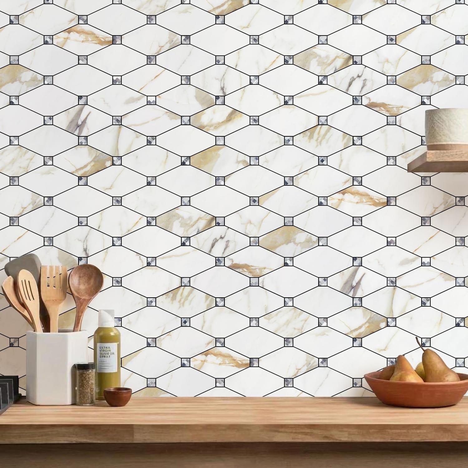 STICKGOO Peel & Stick Backsplash – 10 Sheets Calacatta Gold PVC Mosaic Tiles