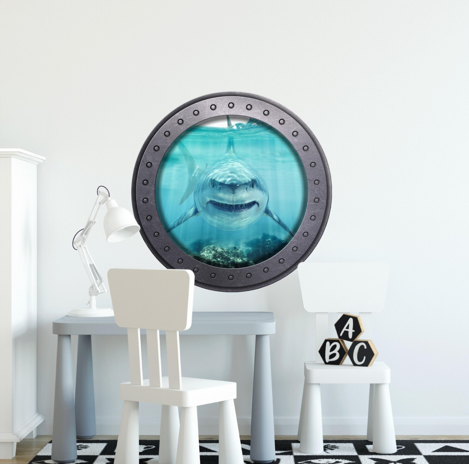 Great White Shark Shallow Water Ocean Porthole Wall Sticker 3D Window Wall Decal
