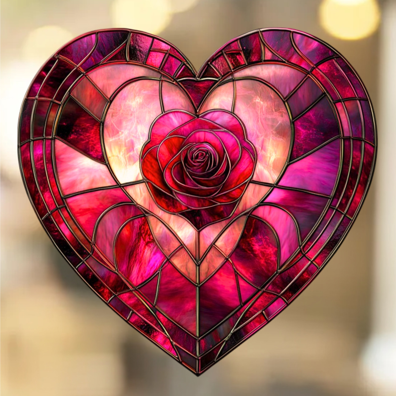 Heart Rose Faux Stained-Glass WINDOW CLING Suncatcher Size 8.2"