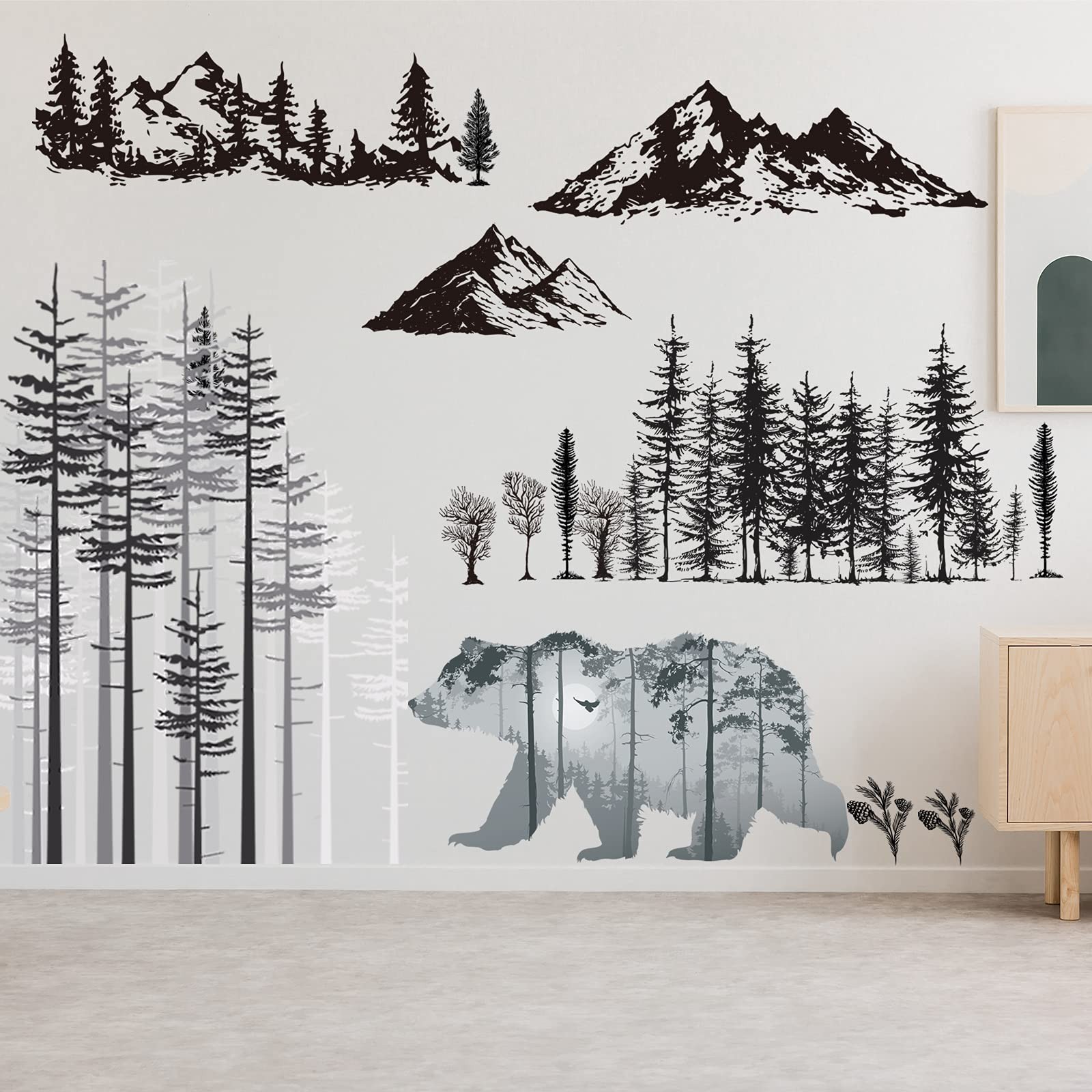 Outus 3 Sheets Mountain Forest Bear Wall Decals Stickers Pine Tree As Shown