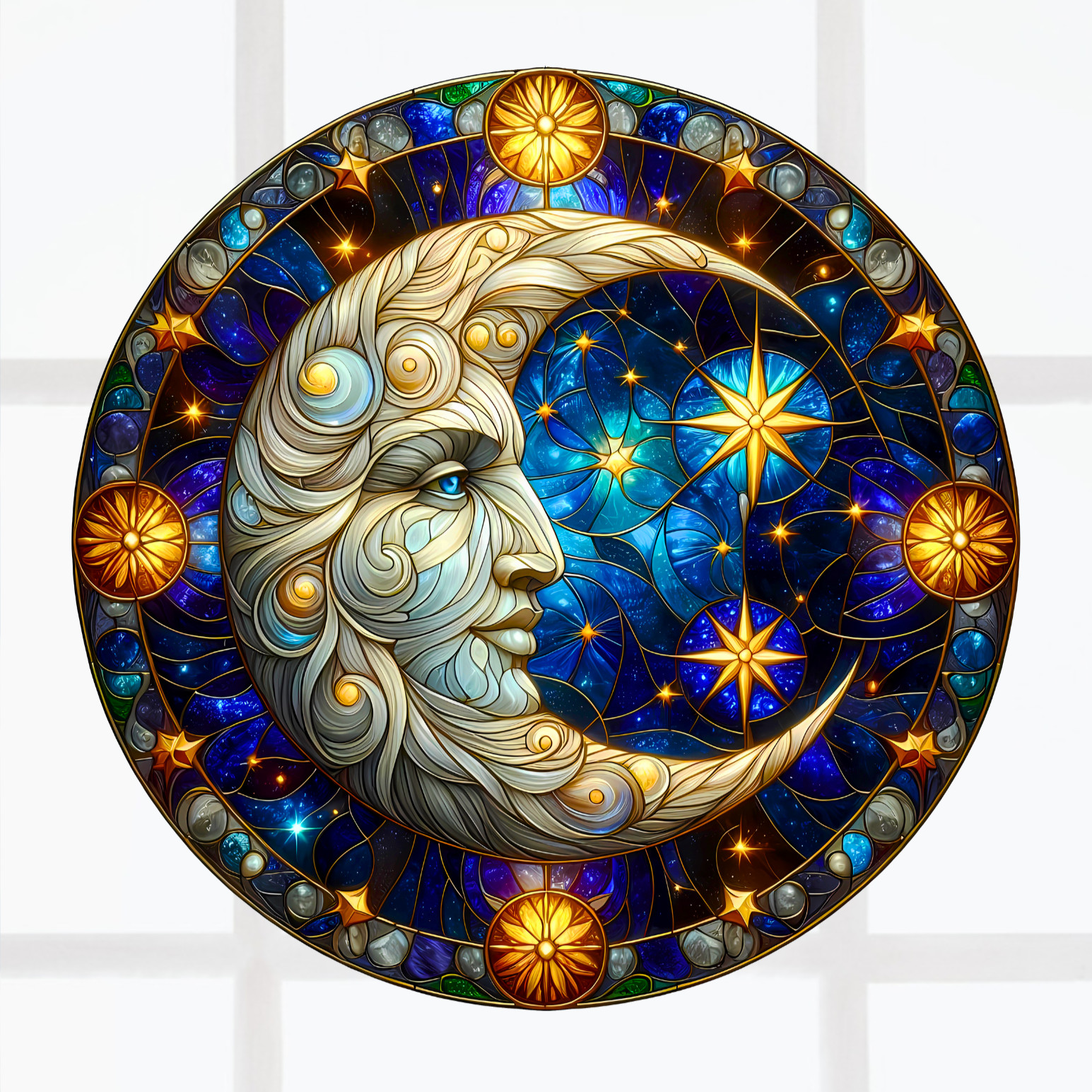 Crescent Moon Faux Stained-Glass WINDOW CLING Size 8" Round Vinyl