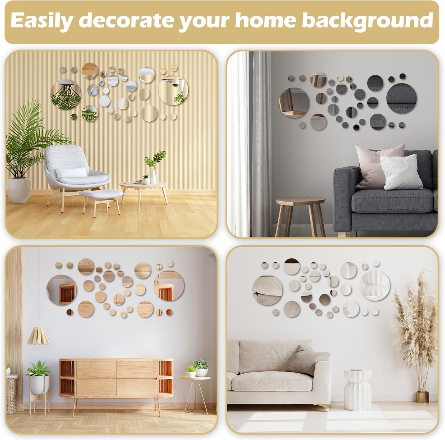 30 Pcs Round Mirror Tiles Self Adhesive Circle Wall Decor 4 Sizes