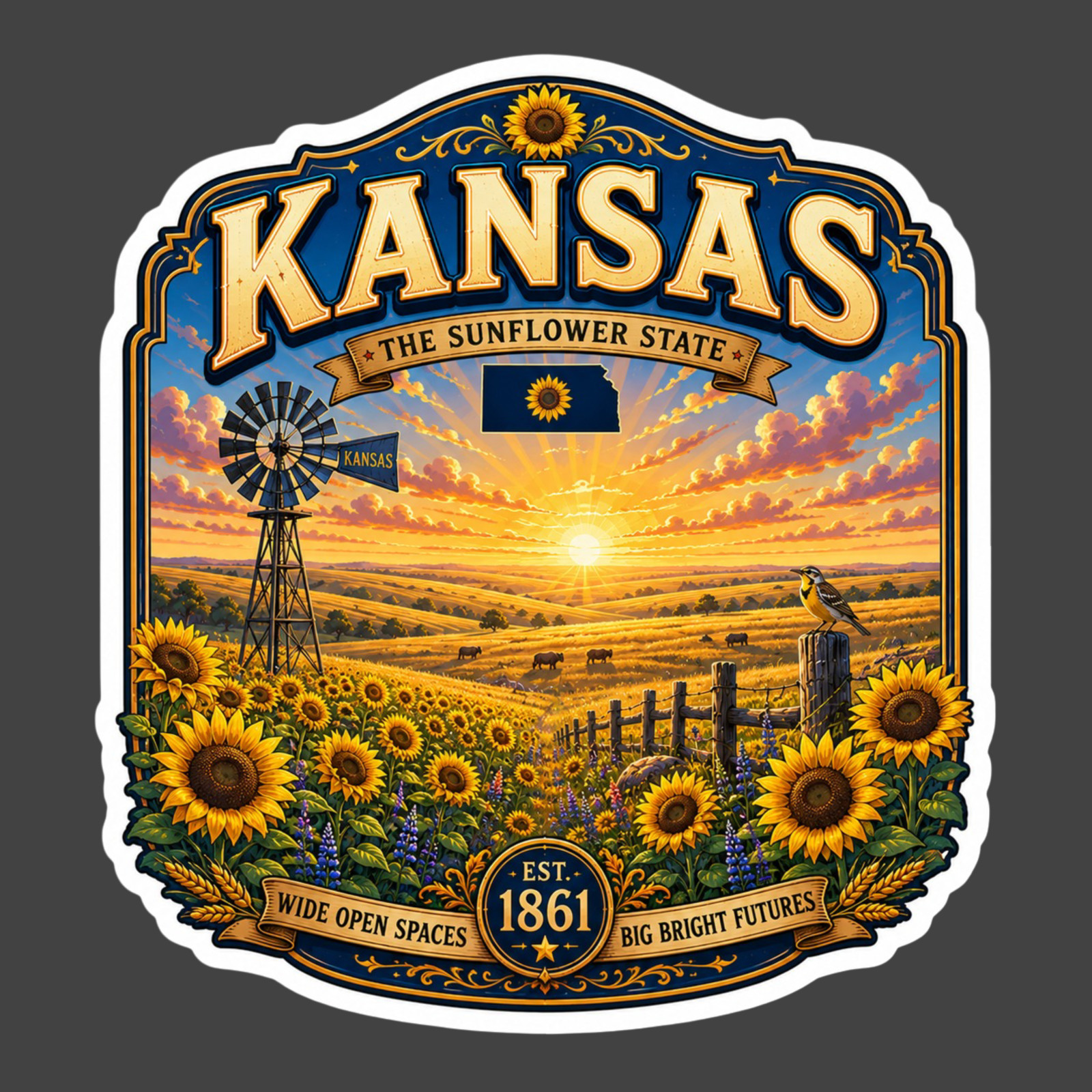 Kansas Sticker Vinyl Decal Sunflower Prairie Windmill Travel Souvenir Gift