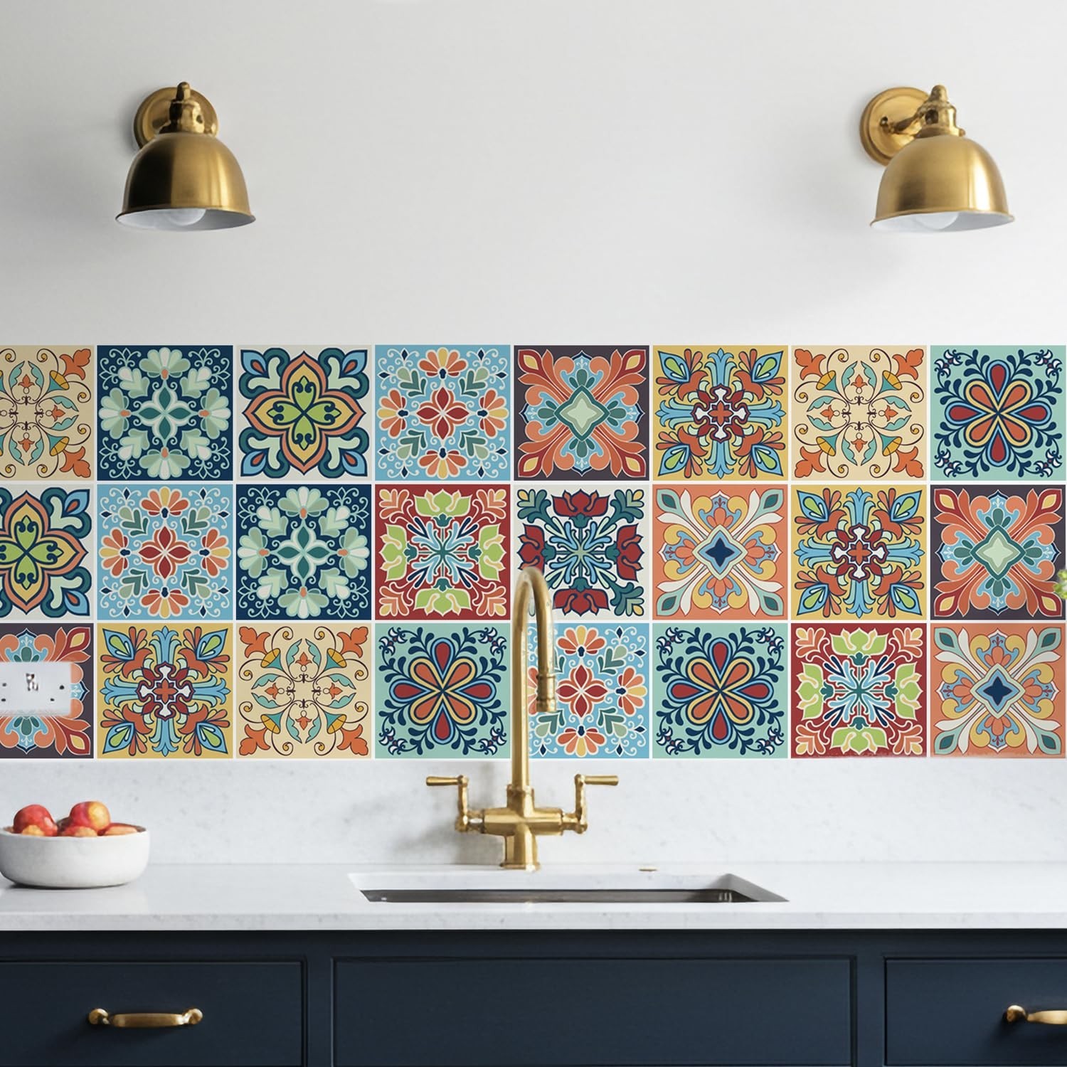 30 Pack, 4×4 Inch Colorful Bohemian Tile Stickers, Peel and Stick Patchwork V…