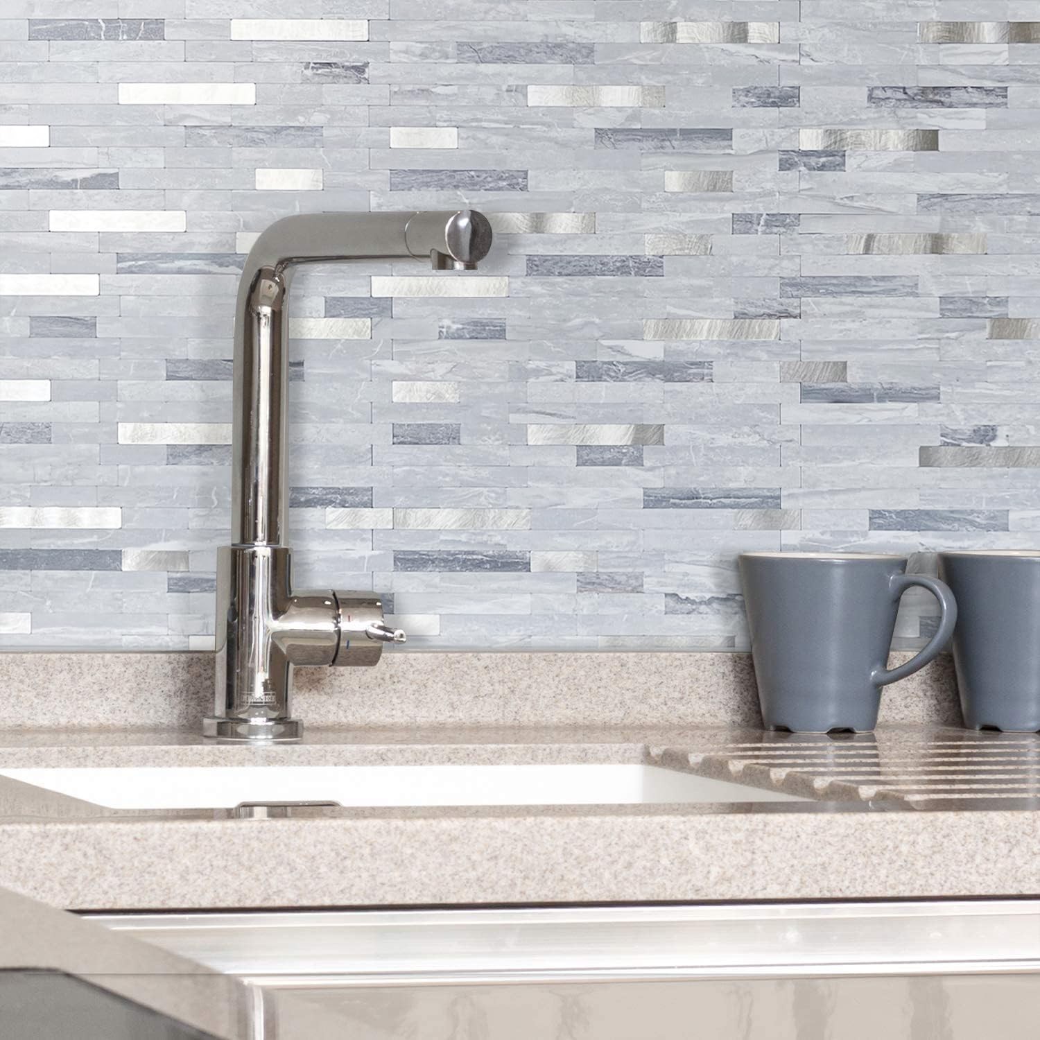 AULIGET 20 Sheets Faux Stone Peel and Stick Backsplash, Light Grey Marble Loo…