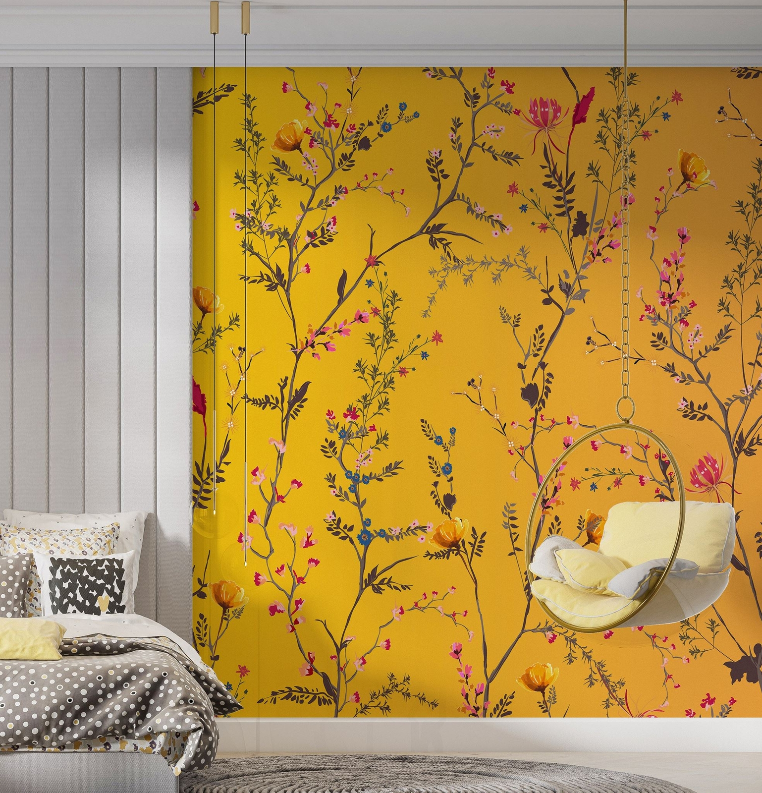 Botanical Flower Garden With Yellow Orange Background Wall Mural. Blossom Flower