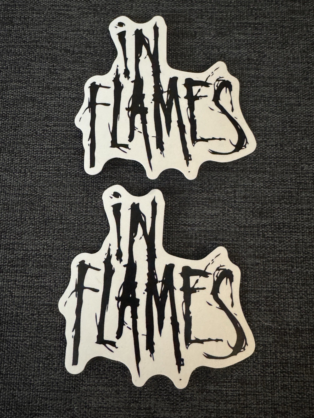 Lot (2) IN FLAMES 2 1/2" x 2 1/2" Band Logo STICKERS Black White FAST! FREE SHIP