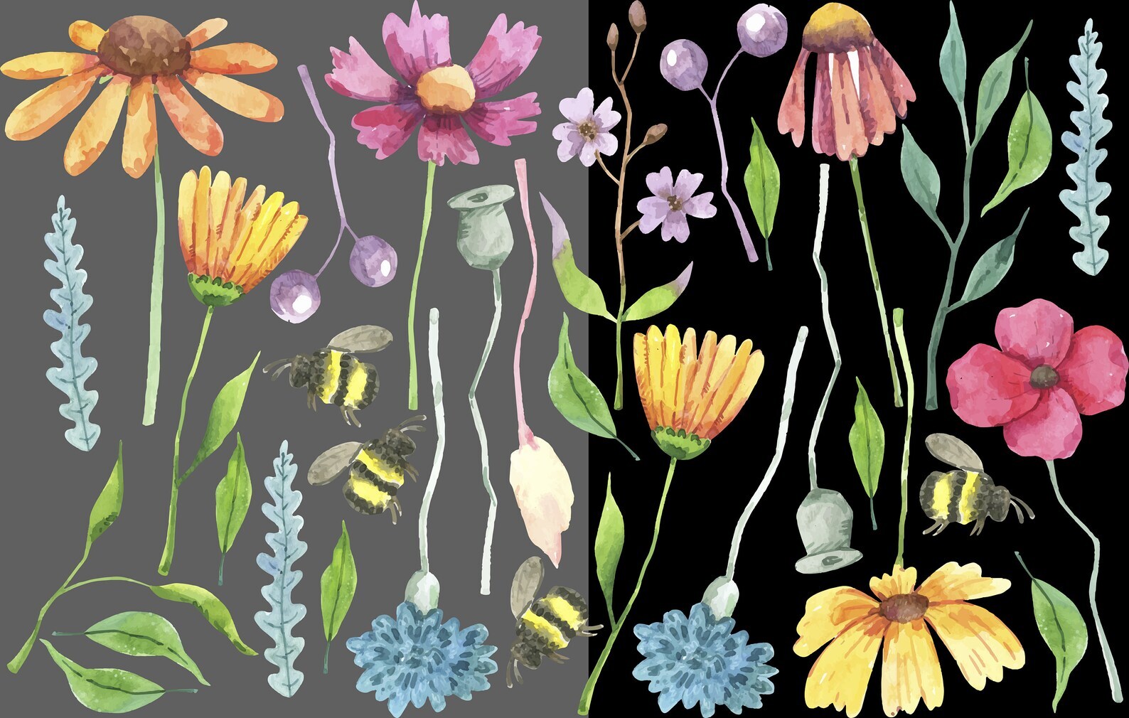 Watercolor Field Flowers Wall Decals Nursery Bee Floral Leaves Stickers LF534