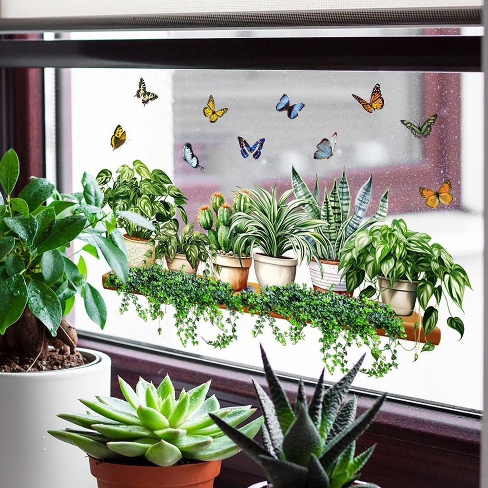 Glass Window Stickers with Realistic Green Leaves and Butterflies 60x50cm