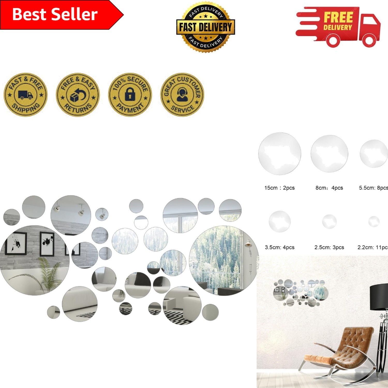 Kids-Friendly 32-Piece Round Acrylic Mirror Stickers for Playroom Decor