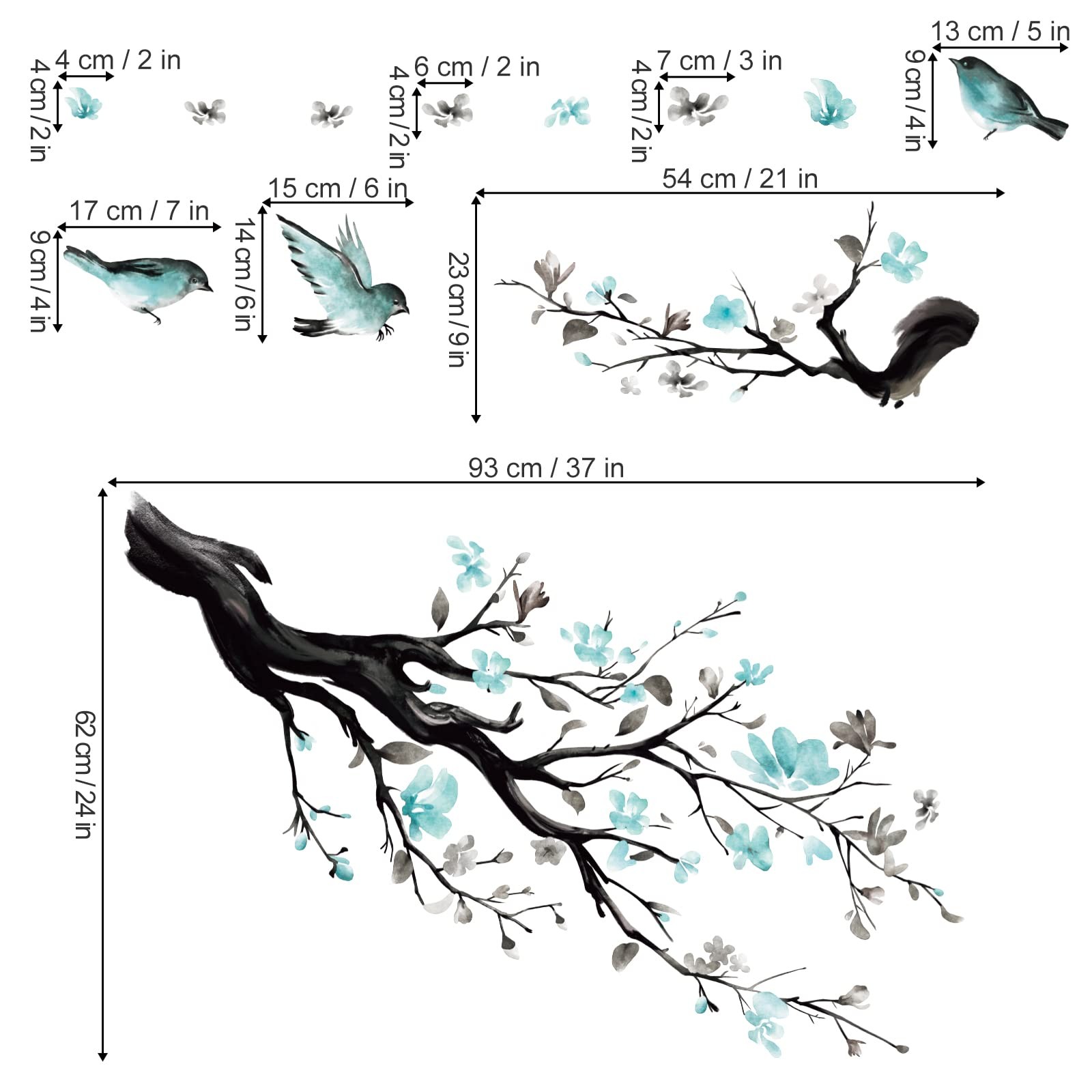 decalmile Watercolor Blue Flower Wall Decals Blossom Bird Tree Branch Wall St…