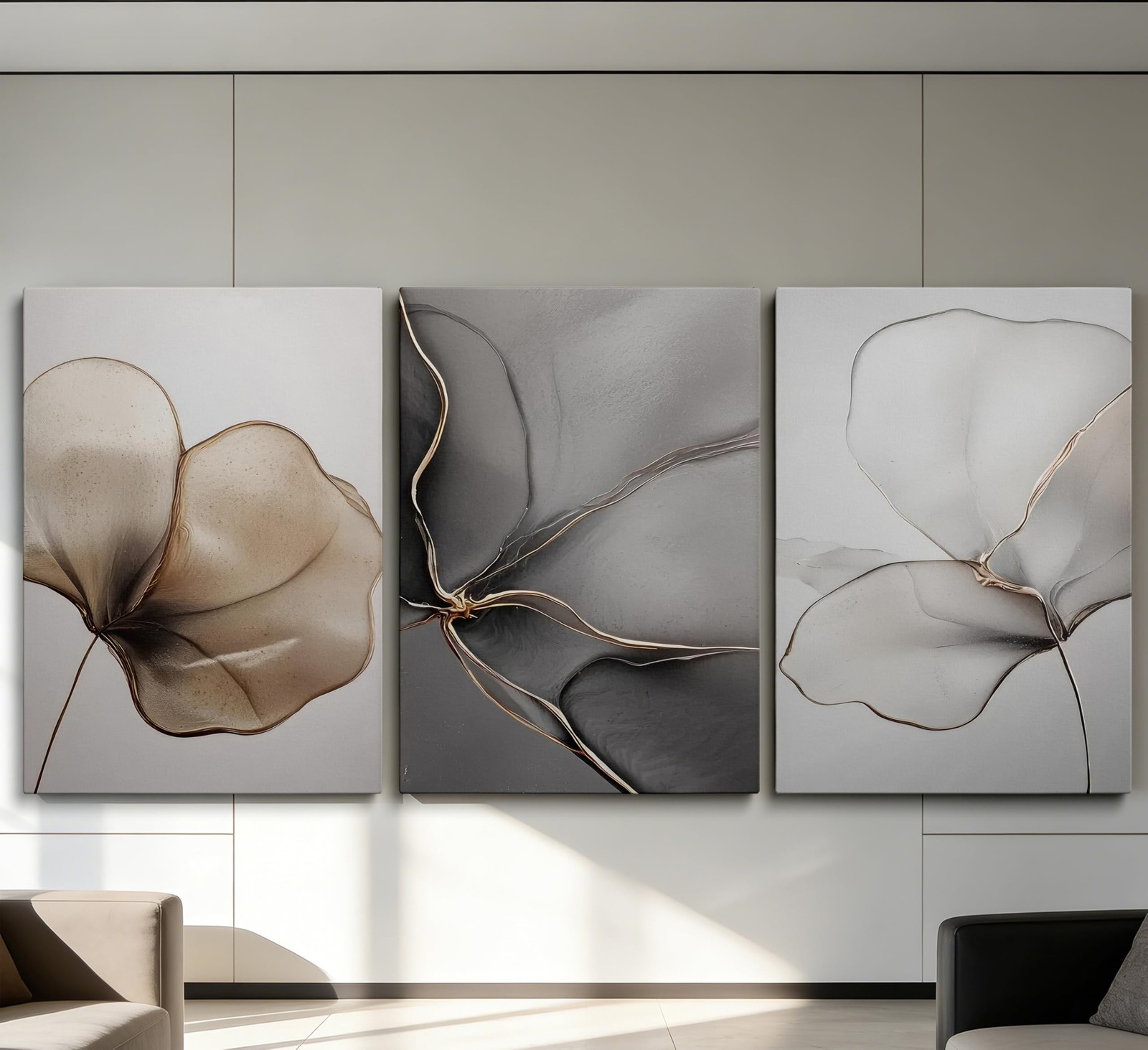 Abstract Floral Canvas Wall Art – Minimalist Gold Line Petal Picture Wall Dec…