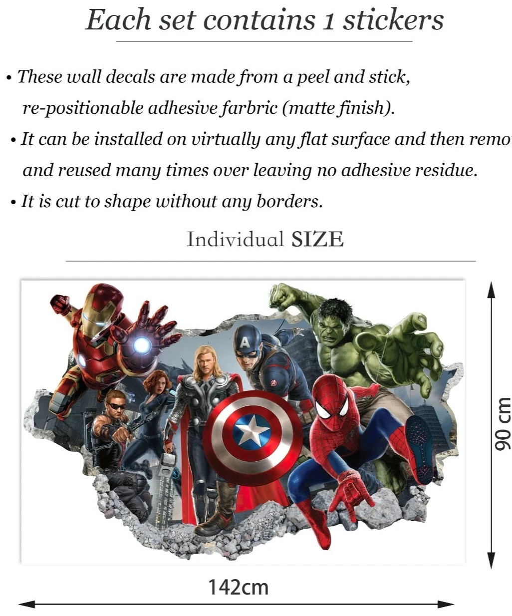 Marvel Heros Removable Stickers Kids Home Decal room Decor Marvel [Size 142×90]