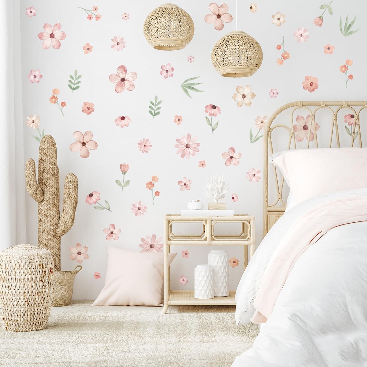 Boho Flower Wall Decals，Pink Flower Art，Wildflower Wall Decals，Girls Bedroom …
