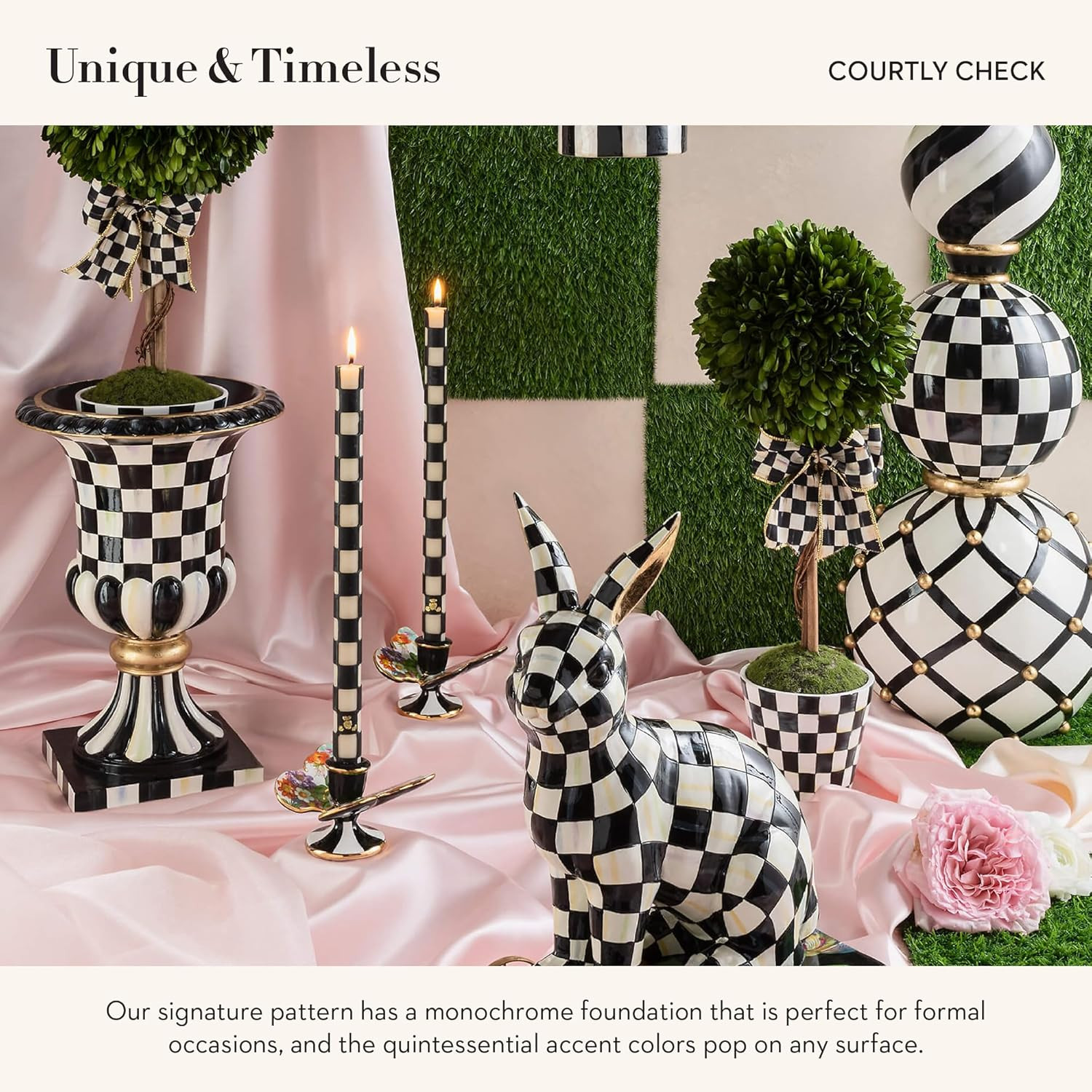 Tall Black-and-White Courtly Check Pedestal Tabletop Urn for Home Decor