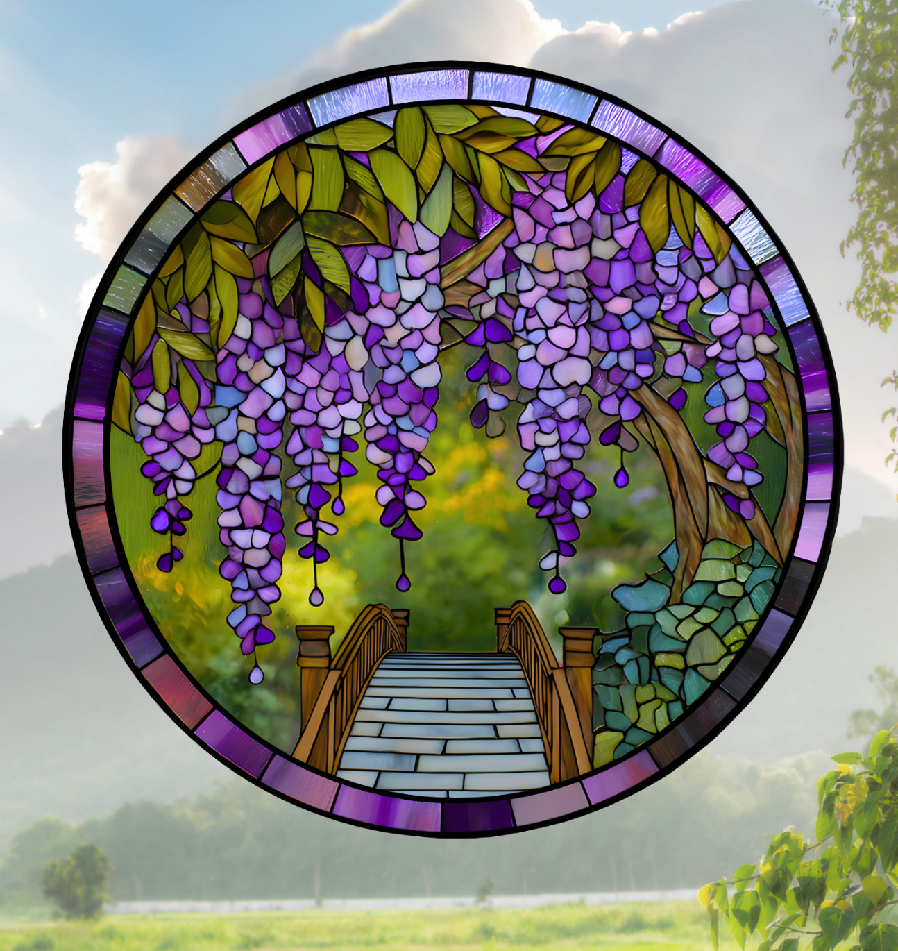 Wisteria Flowers Faux Stained-Glass WINDOW CLING Size 8" Round Vinyl