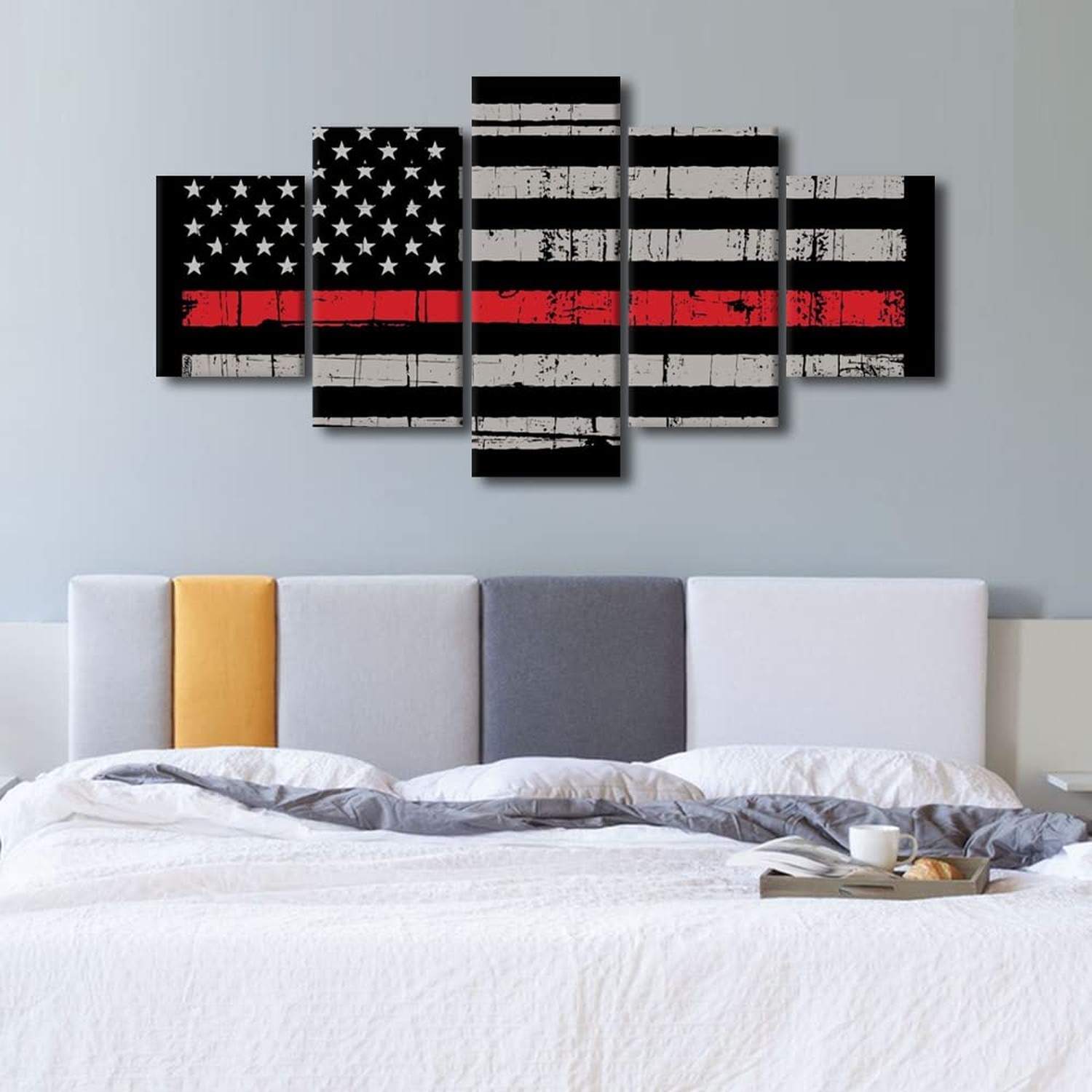 5 Panels Retro American Flag Wall Art Black White and Red US Flag Painting Pr…